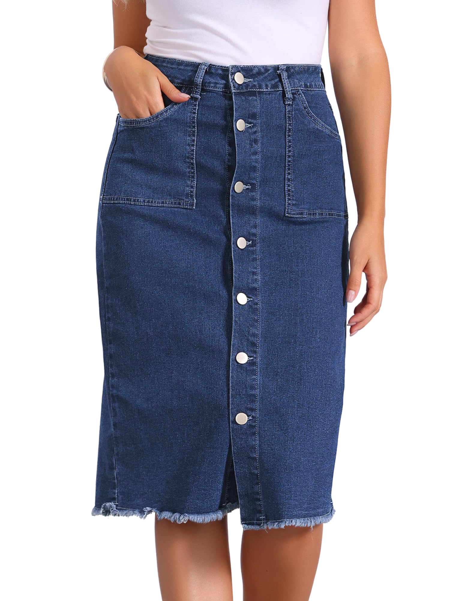 Allegra K Femme Jupe Jean Midi Taille Haute avec Poches | Boutonnée devant Ourlet Effiloché Silhouette Polyvalente pour le Quotidien Sorties Plage Week End