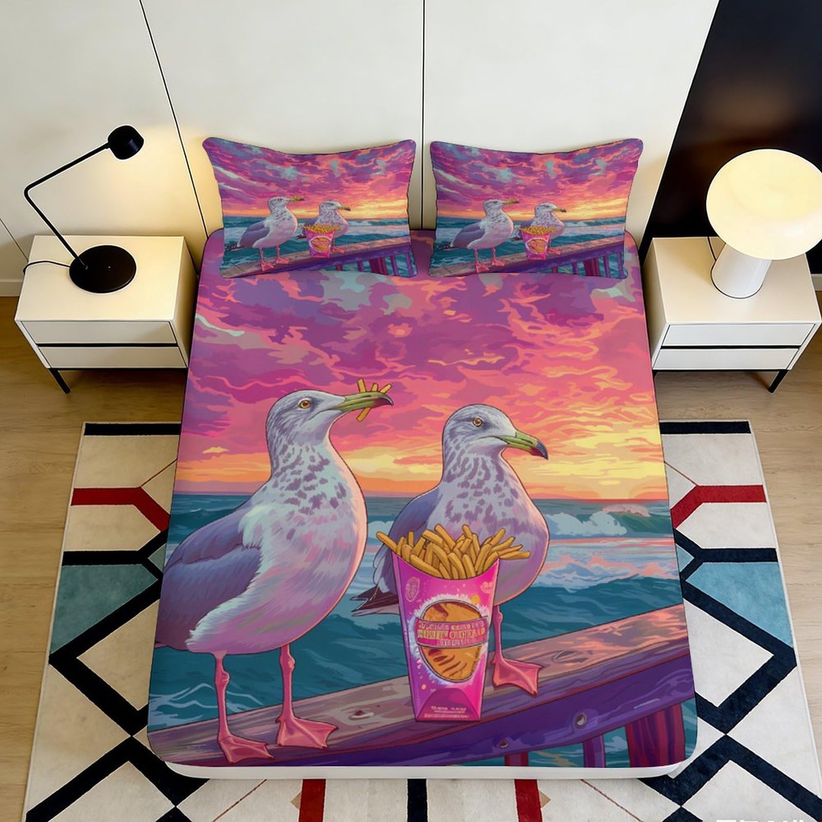 3D Printed Sunset Seagull Fitted Sheet Microfiber Soft Breathable Ocean Fries Mattress Cover Bedroom Decor 200x200x25cm