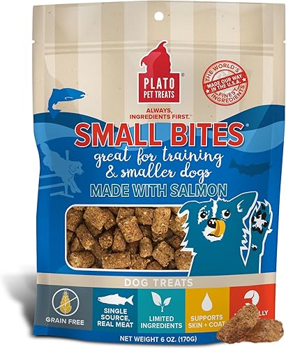 PLATO Small Bites - Golosinas para perros, sabor natural de carne real y salmĂłn, sin granos y alto en proteĂnas, ingredientes autĂ©nticos secados al PLATO Small Bites - Golosinas para perros, sabor natural de carne real y salmĂłn, sin granos y alto en proteĂnas, ingredientes autĂ©nticos secados al