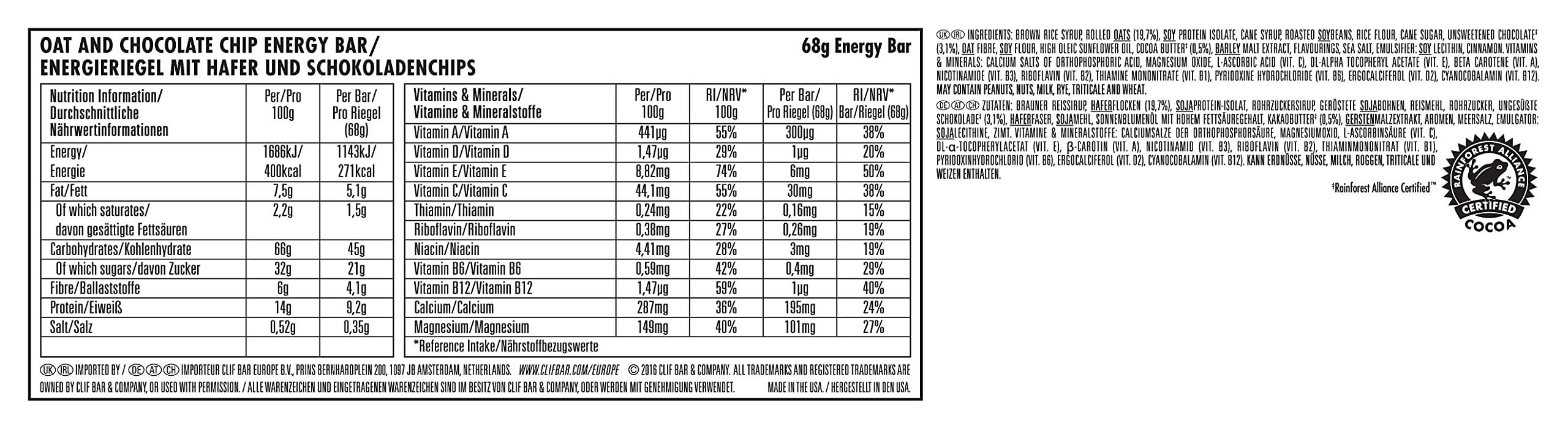 Clif Bar Boîte de 12 Barres Energétiques Pépites de Chocolat