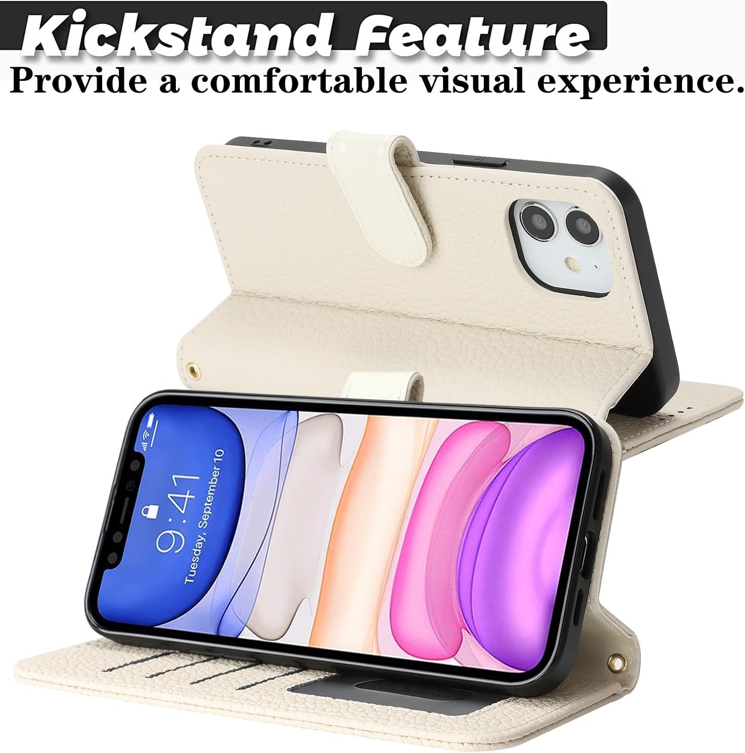 Zouzt Case for iPhone 11 6.1" Genuine Leather Wallet Case with 4 Card Slot, RFID Blocking Card Holder Magnetic Flip Folio Kickstand Shockproof Phone Cover Women Men for iPhone 11 - Milky White