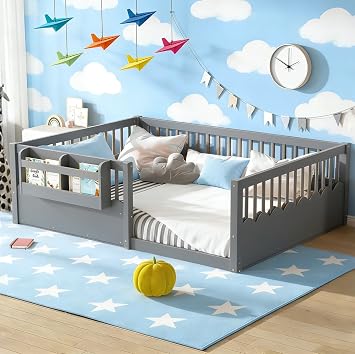 Bellemave Kids Full Size Montessori Floor Bed with High Rails and Bookshelf, Full Floor Bed Frame for Girls,Boys, Pine Wood, Gray