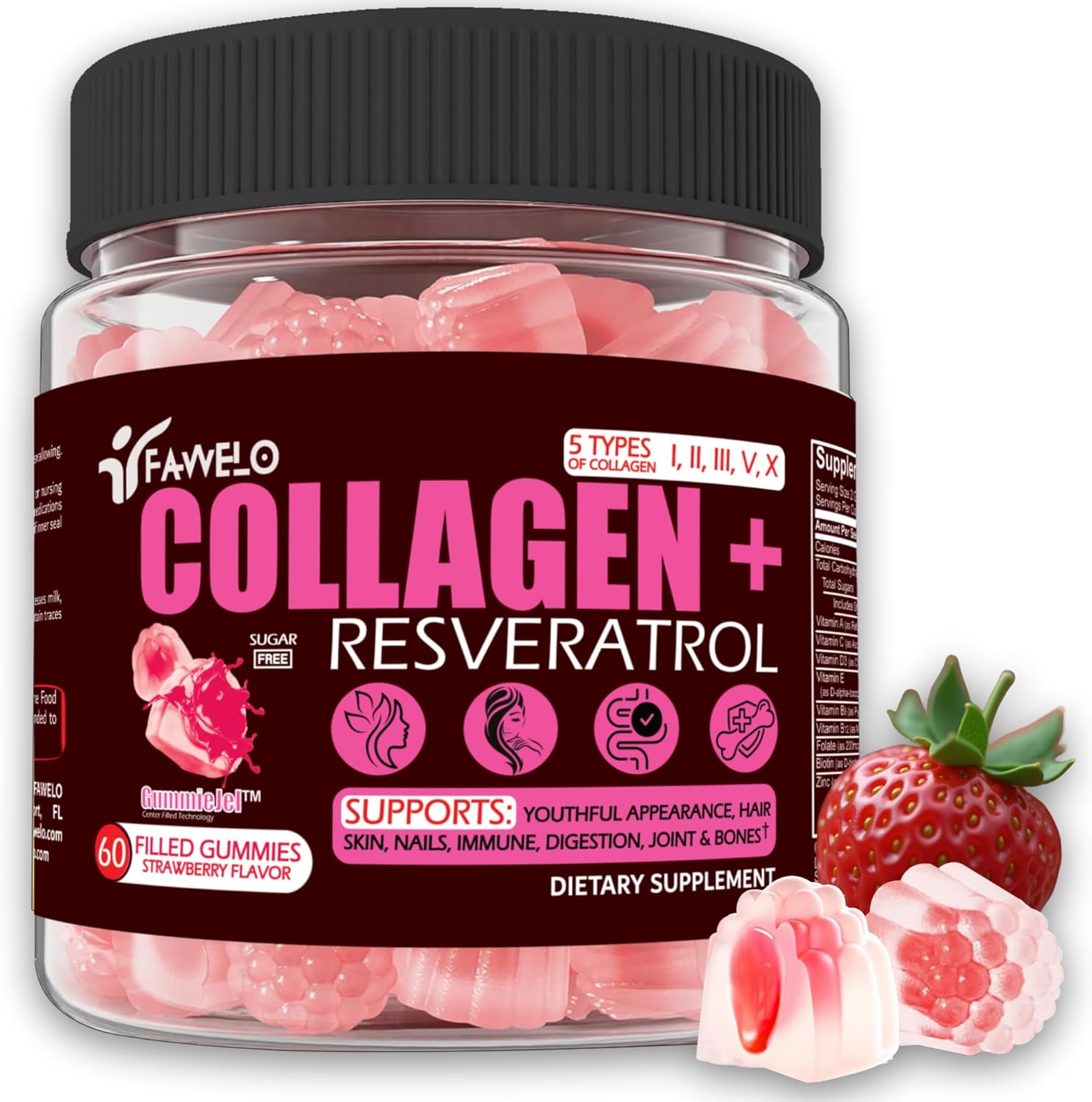 Multi Collagen Gummies Peptides Hydrolyzed Type I, II, III, V, X Plus Resveratrol Hyaluronic Acid & Biotin Gummies for Hair Skin and Nails Vitamins | Colageno Hidrolizado for Women & Men | Sugar Free