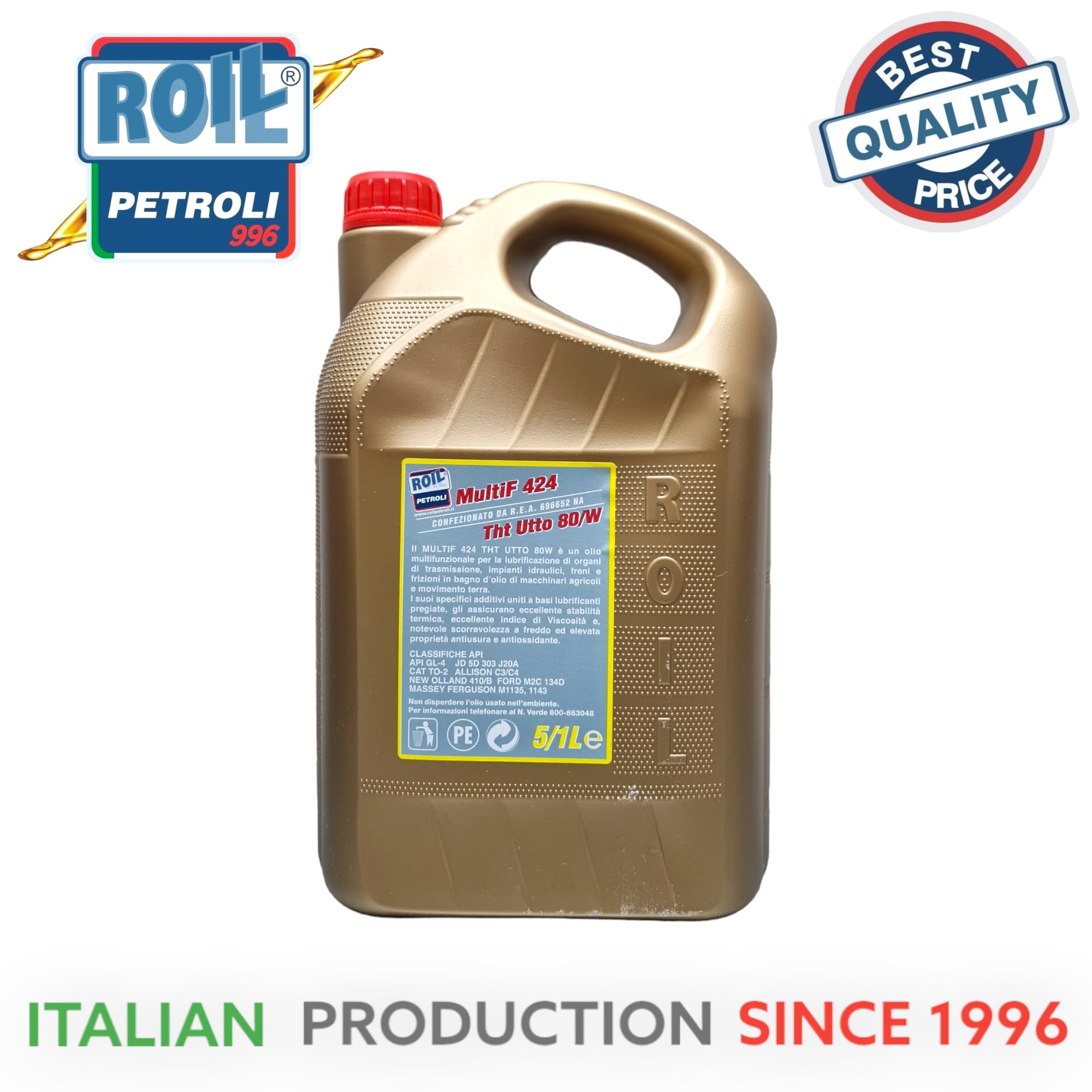 Roil UTTO 424 THT 80W - Olio per la lubrificazione di organi di trasmissioni, impianti Idraulici, Freni e frizioni in Bagno d’Olio di macchinari agricoli e Movimento Terra. (5 Litri)