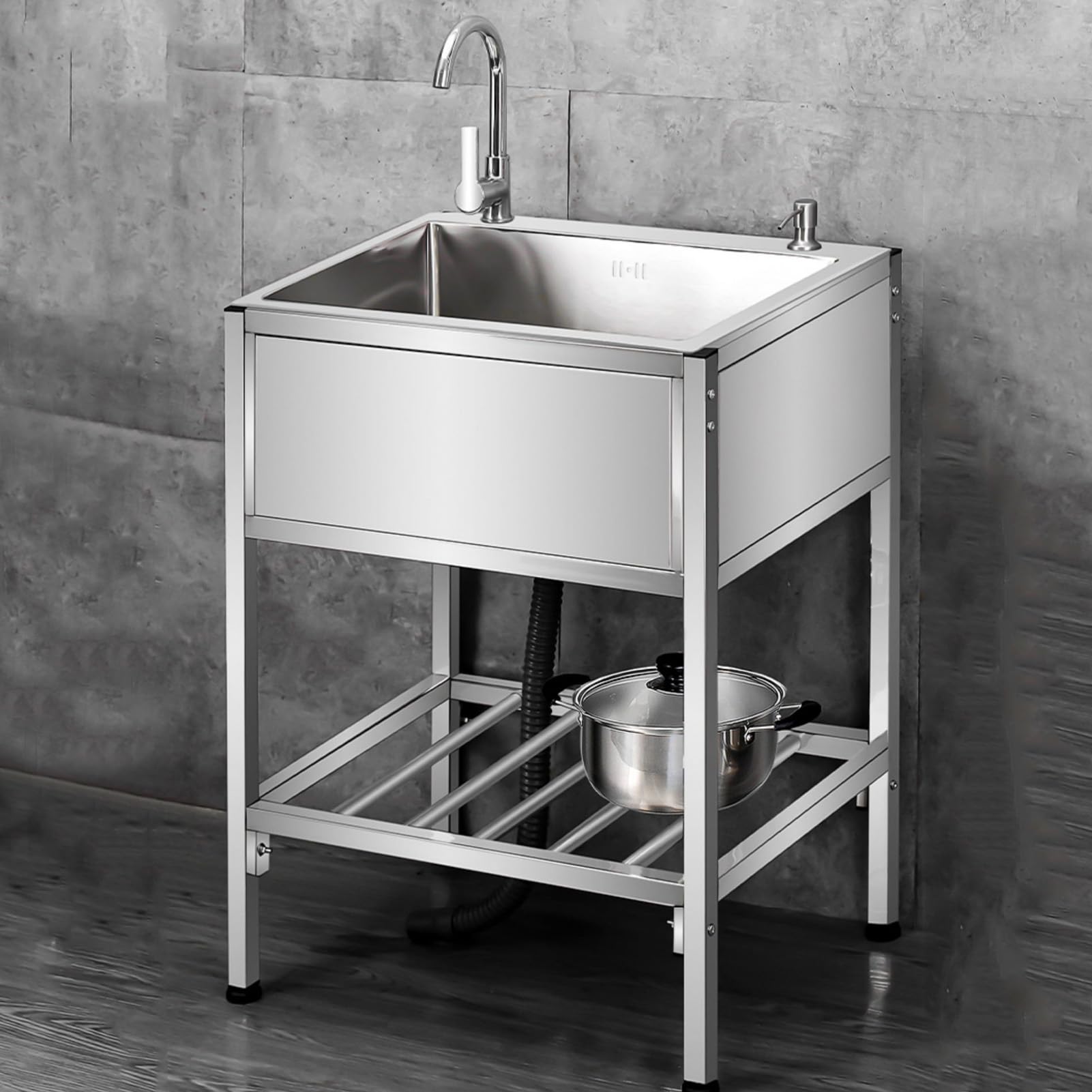 TAXXII Stainless Steel Stand Alone Commercial Kitchen Sink with Faucet for Outdoor Indoor Bathroom Garden Bar Workstation Single Bowl Catering Utility (52x38cm)