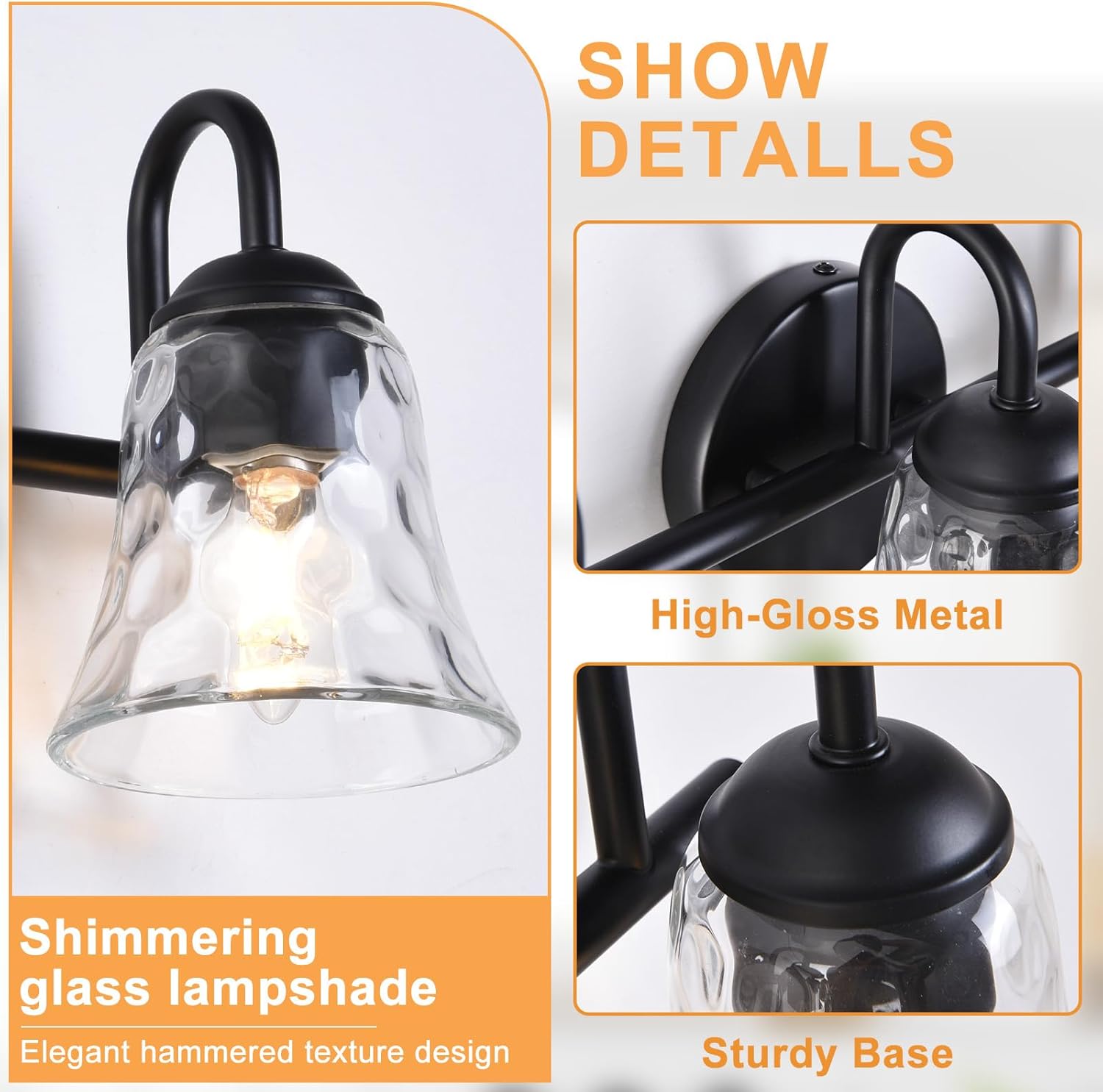Black Vintage Bathroom Light Fixtures Over Mirror, 3 Light Vanity Light with Clear Glass Shade, Bedroom, Restroom, Entryway, Living Room Sconce Lights 18inch (Bulb Not Included)