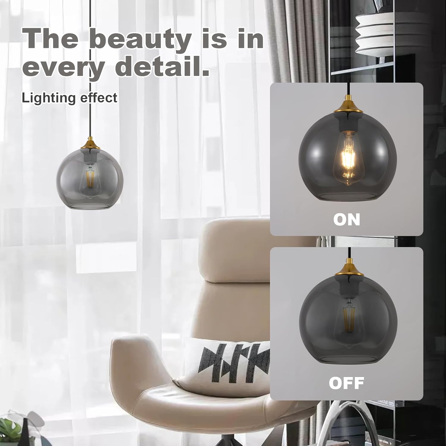 Modern Plug in Pendant Light, Smoke Gray Glass Globe Pendant Lights with 14.75Ft Cord, Gold Brass Hanging Pendant Light Fixture Over Kitchen Island Sink Dining Table Bar Counter