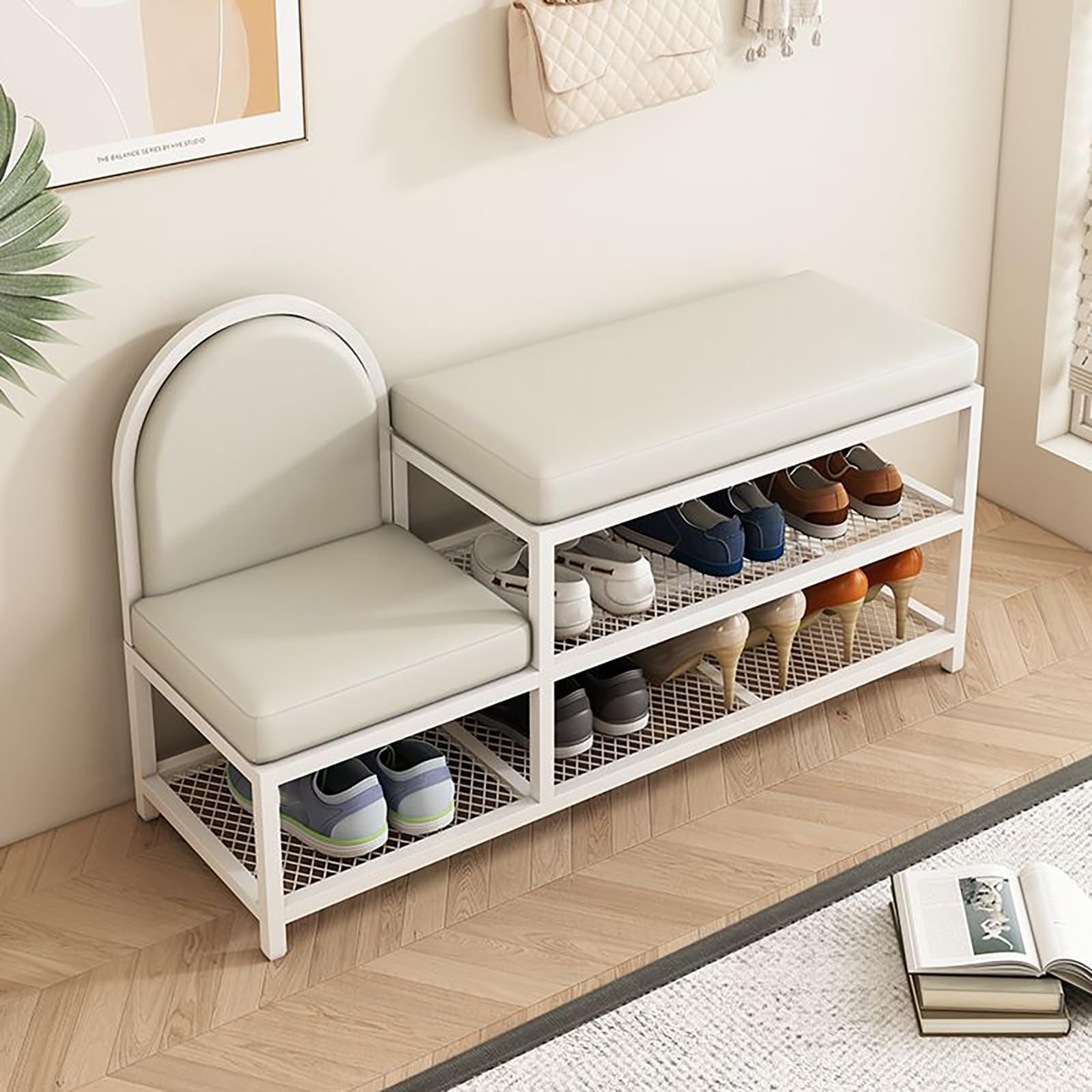 Banc à chaussures en métal avec tabouret de rangement rembourré