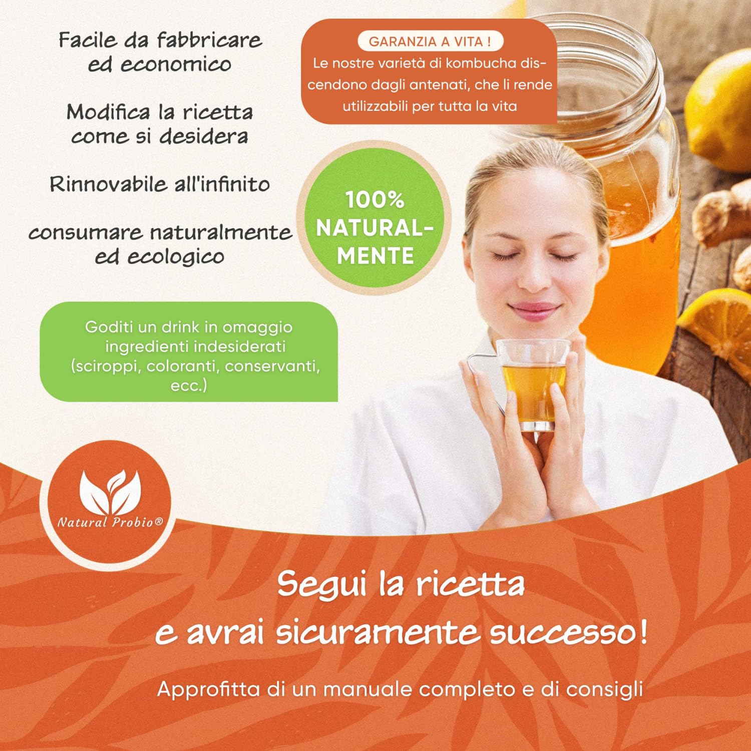 Natural Probio® Original Kombucha Scoby – Kit di avviamento per la coltivazione – Mere de Kombucha – Autentico ceppo + istruzioni complete, ricetta e consigli