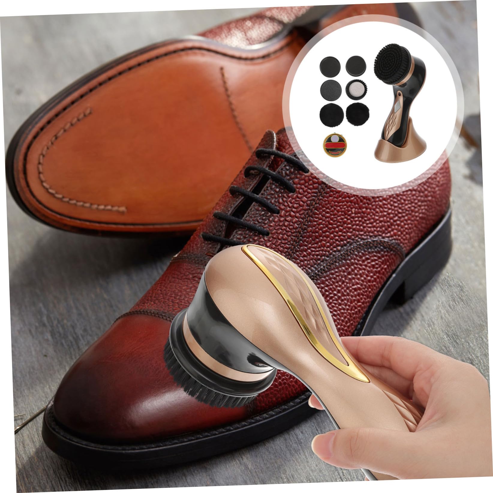 VALICLUD Kit Portátil Eléctrico para Lustrar Zapatos de Cuero Cepillo Pulidor y 7 Accesorios, Cuidado Práctico y Limpio para Calzado y Bolsos Dorados
