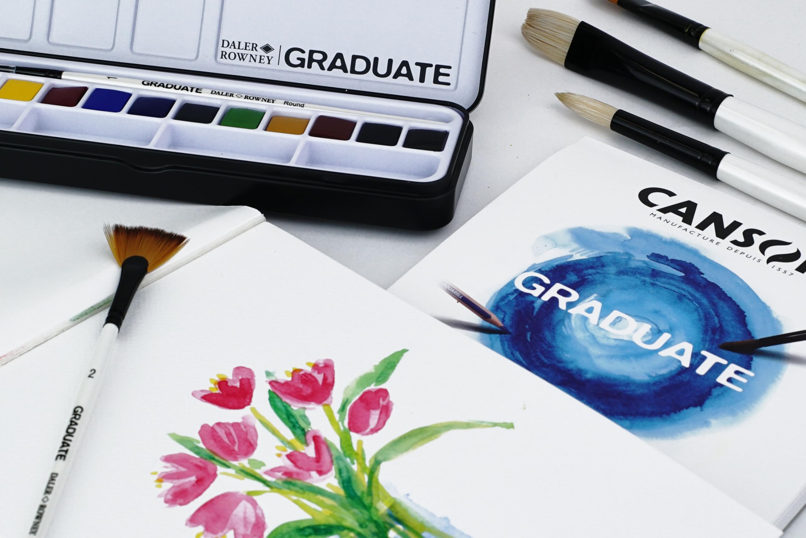 Daler-Rowney Graduate Acuarelas Profesionales, Set de Acuarelas 12 Colores con Pincel, Kit Acuarela Portátil en Caja Metálica, Estuche para Estudiantes, Artistas y Manualidades