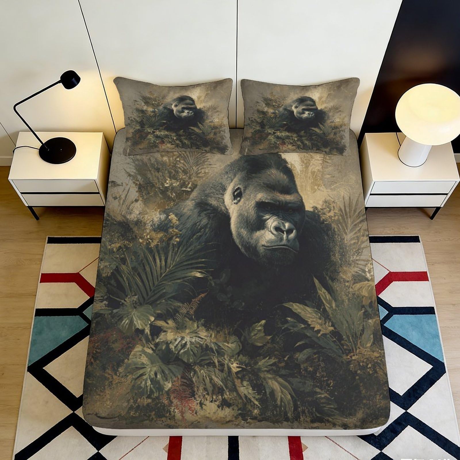 3D Printed Jungle Gorilla Fitted Sheet Microfiber Non-Slip Bed Cover, Forest Art Mattress Protector for Bedroom Home 180x200x25cm