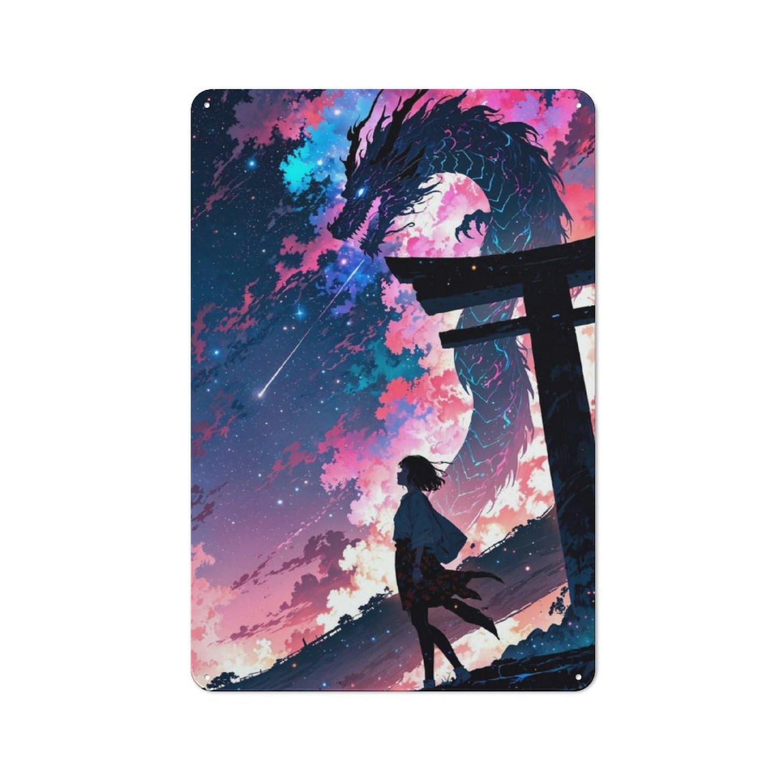 Junmoney Manga Torii Gate Dragon Cafe Metal Sign 30X20cm, Shop Front Style Restaurant Wall Art For Takeaway, Bar, Kitchen Or Counter Area