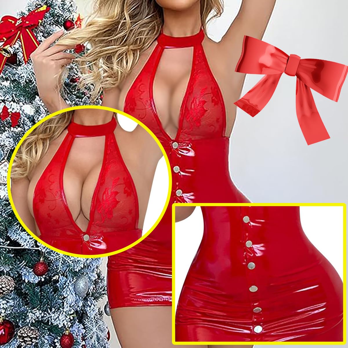 Robe sexy en cuir verni pour femme - Avec détails en dentelle et bretelles de cou - Robe en cuir verni - Lingerie sexy en cuir synthétique
