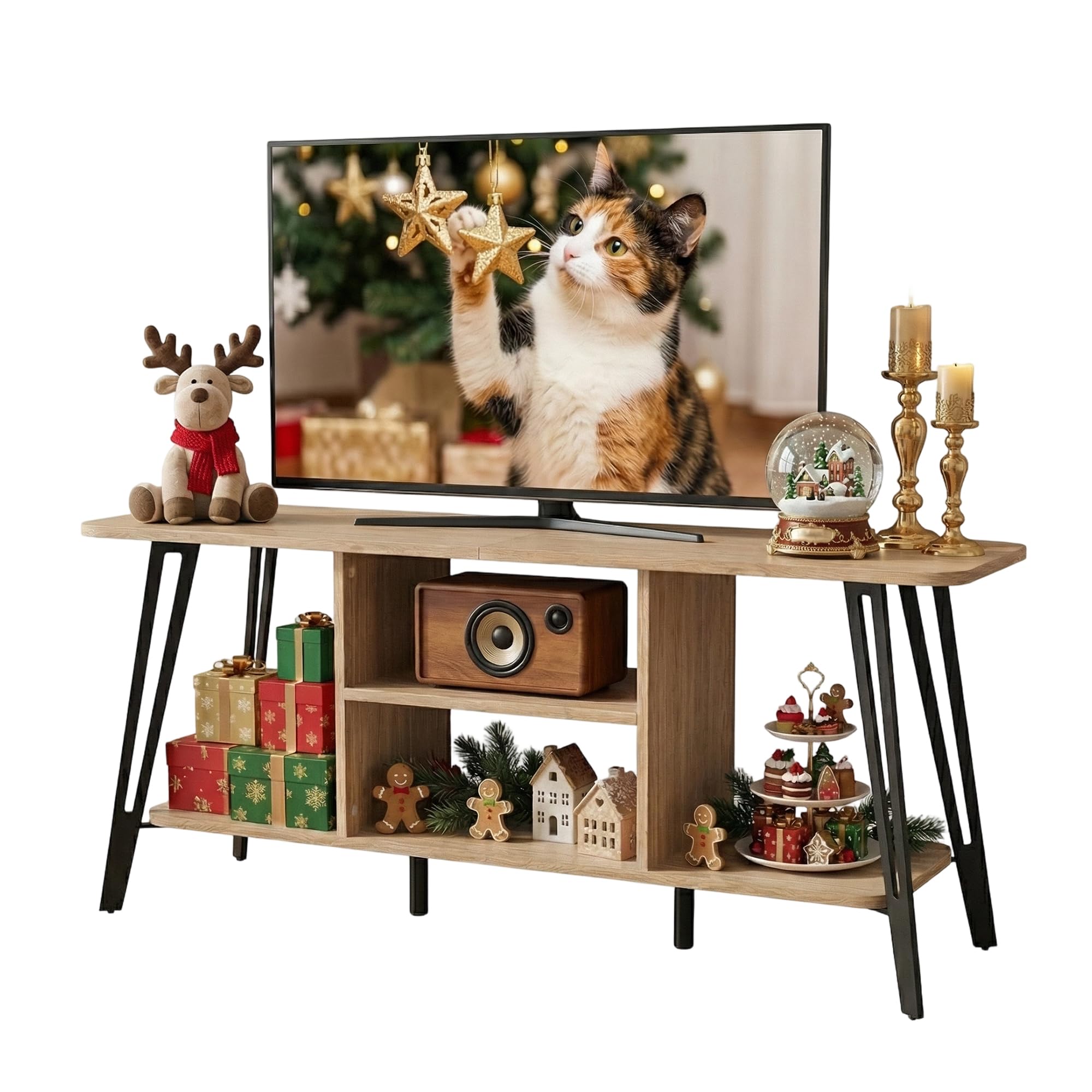 Manora Mueble de TV Moderno Industrial, Mesa de TV para hasta 55 Pulgadas, Mueble TV Salon con Compartimentos Abiertos, Mueble Television para Salon, Dormitorio, 120 x 35 x 52 cm, Roble