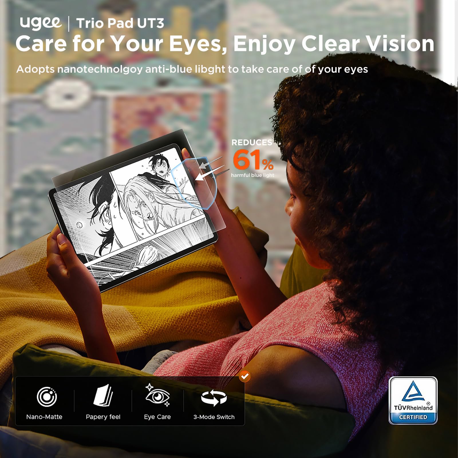 Ugee UT3 Trio Pad, Tablet Multifunción Independiente, sin Necesidad de Computadora, Pantalla Grande de 14,25 Pulgadas y Acabado NanoMatte, Incluye Lápiz U y Smart Folio