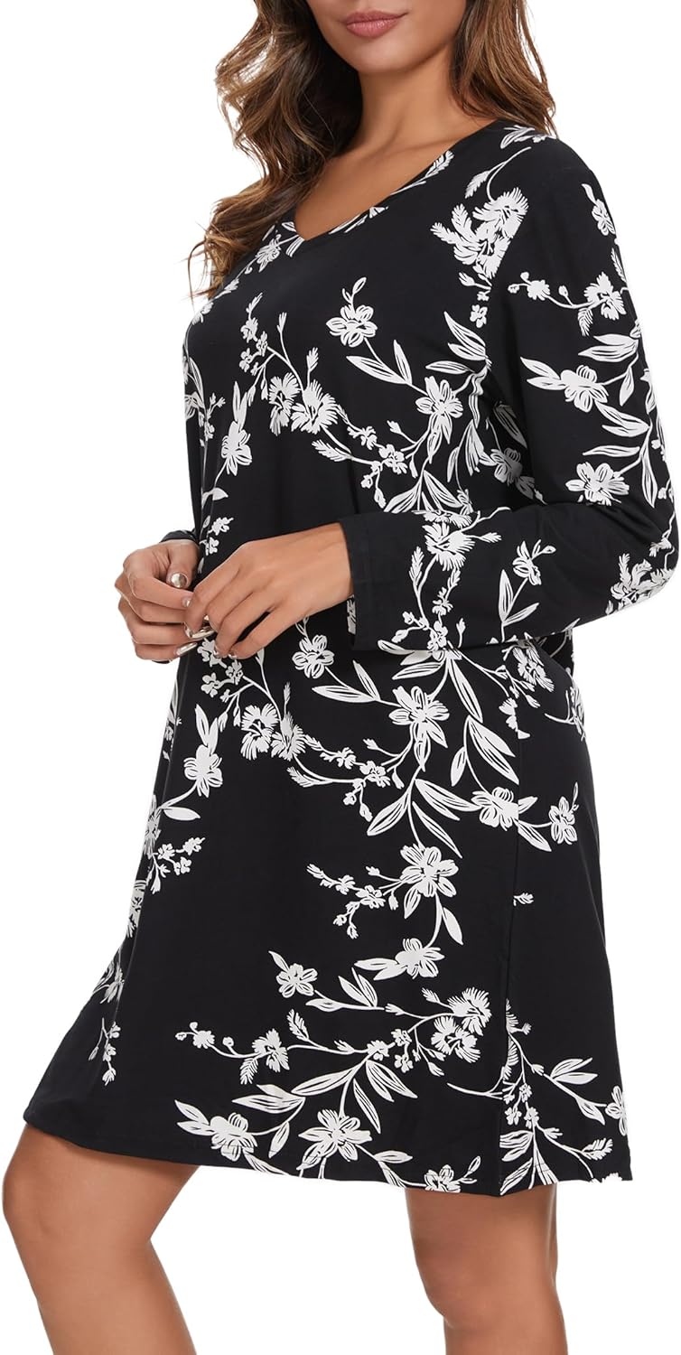 2 Pack Long Sleeve Nightgowns for Women Soft Cotton Night Gowns Sleepwear V Neck Nightshirts - Image 4