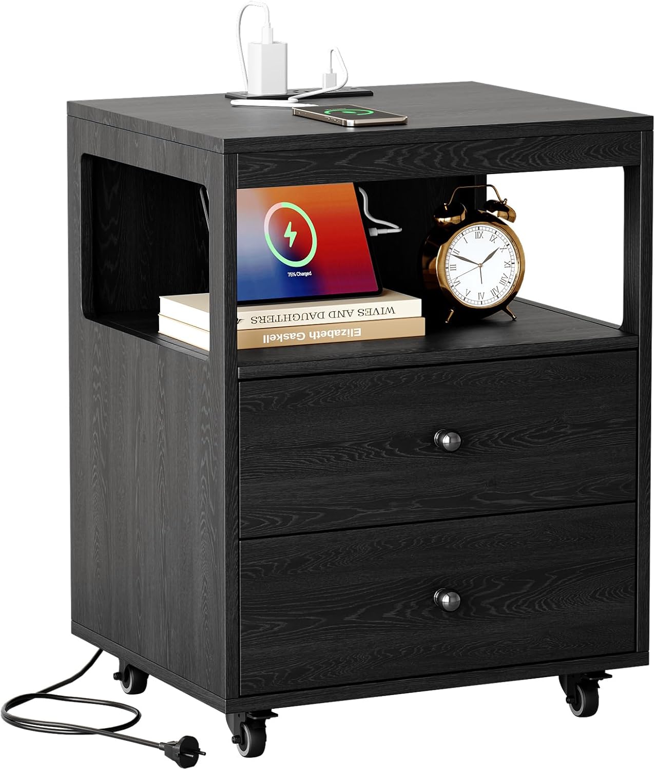 Bedroom Nightstand with Charging Station, Side Table with 2 Drawers,Sofa End Table Living Room with Wheels for Living Room Bedroom Office(Black)
