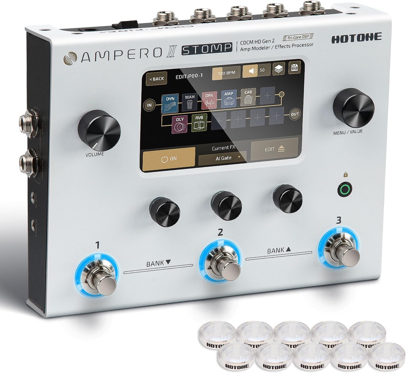 HOTONE Guitar Multi Effects Processor Multi Effects Pedal Touch Screen Guitar Bass Amp Modeling IR Cabinets Simulation Multi FX Processor (Include 10 PCS Additional Footswitch Toppers)