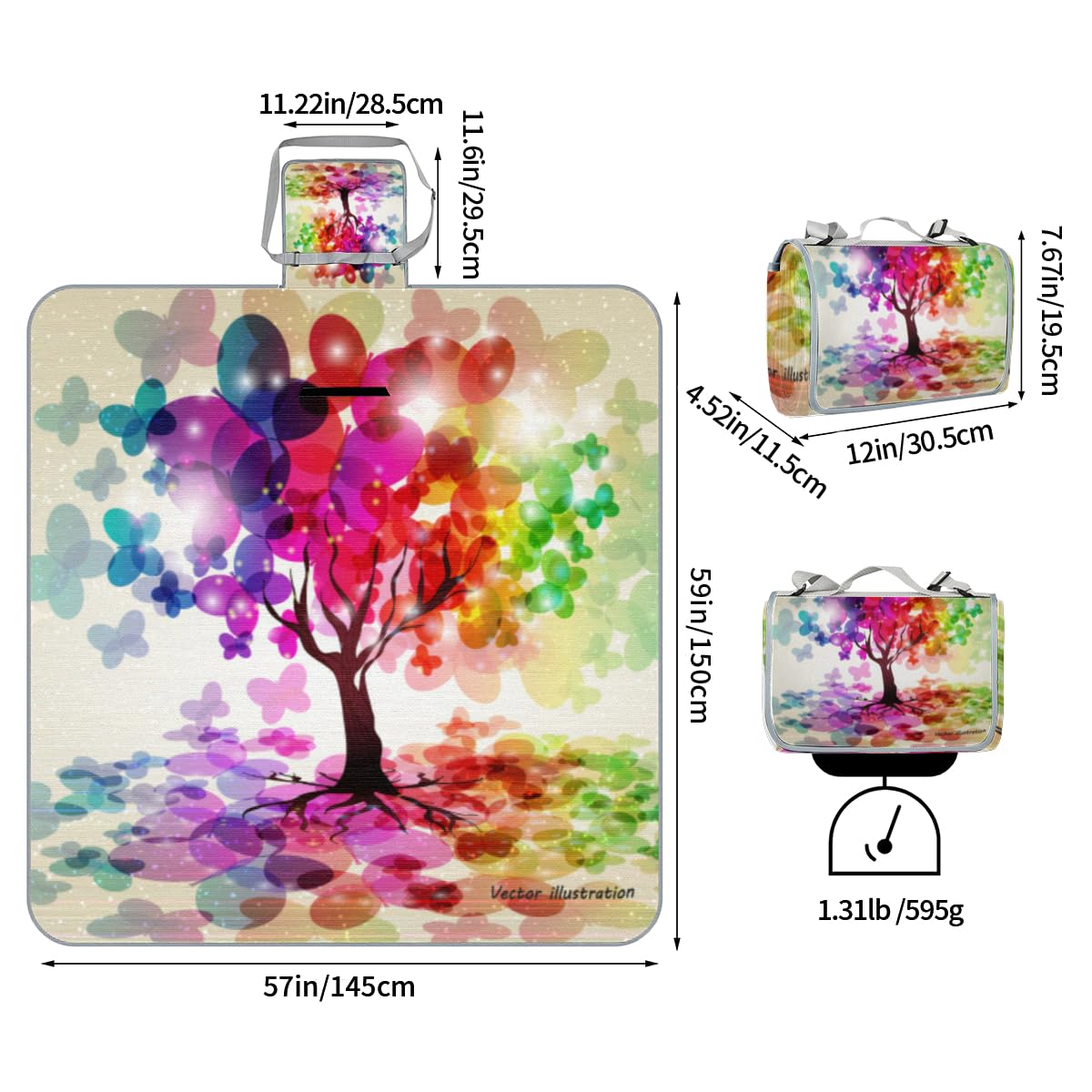 Shimoshe Picnic Blankets 57”x 59”, Colorful Butterfly Leaf Tree Waterproof Sandproof Picnic Mat Lightweight Foldable Beach Blanket for Camping Park Grass Beach Outdoor Blanket
