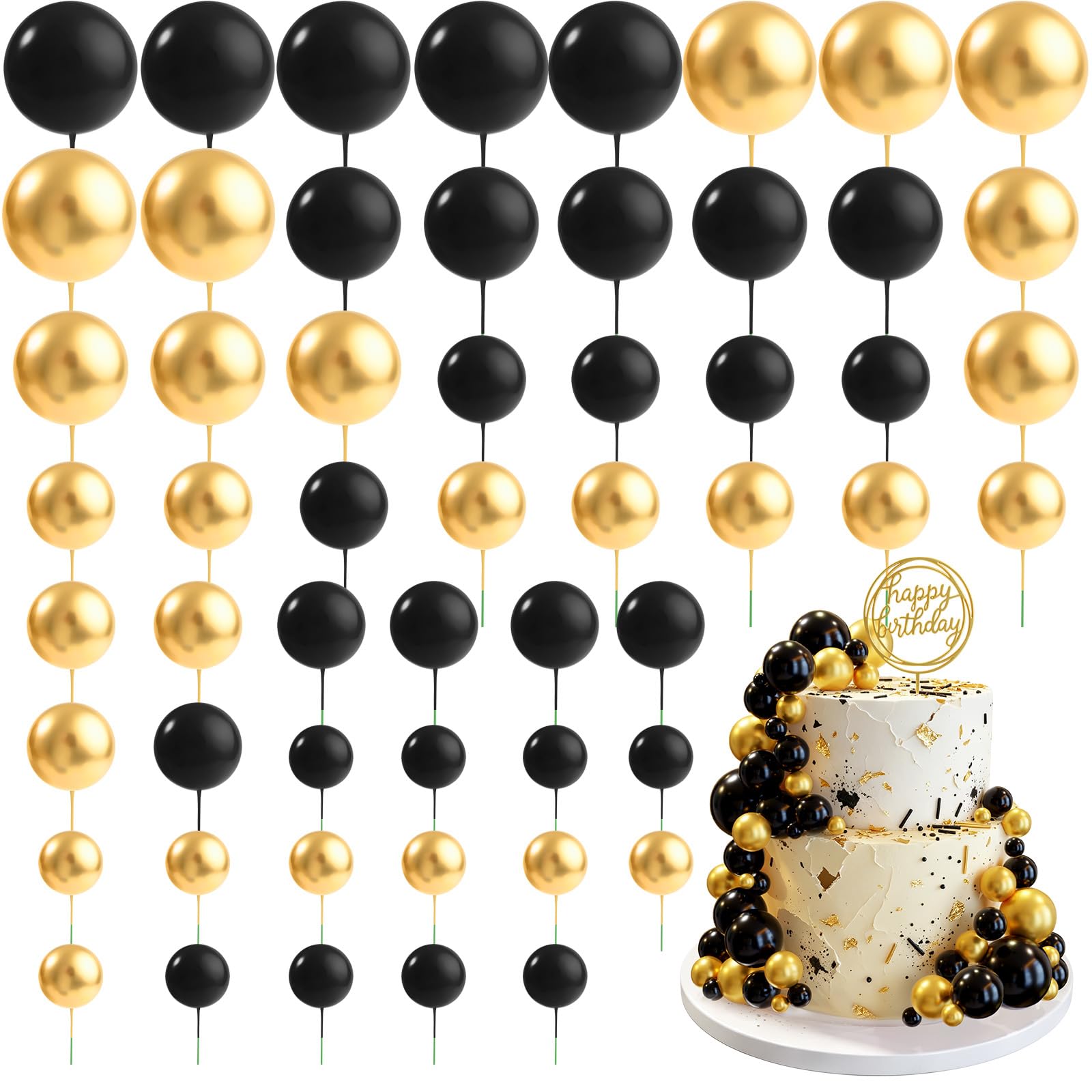 CHRORINE 55 Pcs Balls Cake Topper Decorations Mini Balloon Cupcake Toppers Foam Balls for Cake Decorating Birthday Parties Weddings Anniversary Baby Shower (Black Gold) — image 1