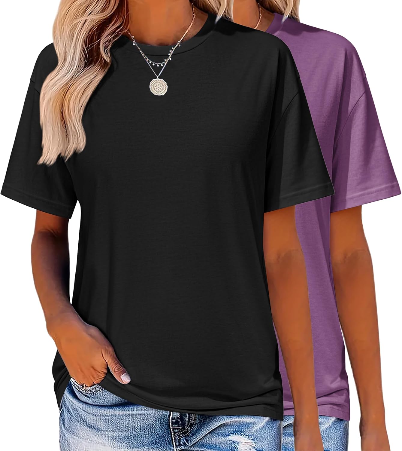 Zeagoo Women’s T-Shirts Short Sleeve Tops Summer Casual Blouse Crew Neck Basic Shirt 2 Pack Loose Fit Tee