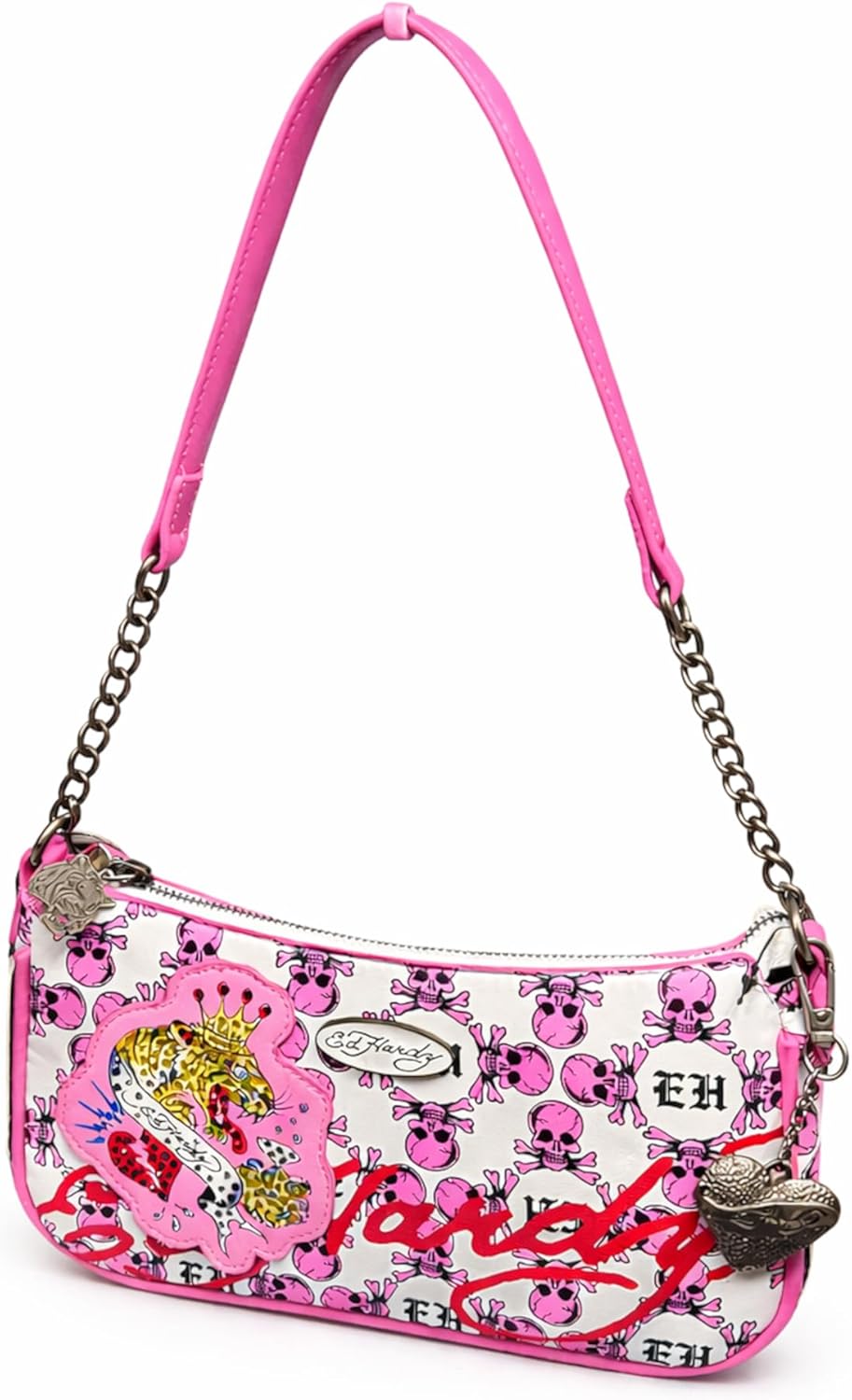 ED HARDY Women’s Pink Skull Shoulder Bag with Chain Strap, Heart Charm & Embroidered Tiger Patch – Faux Leather Y2K Mini Handbag (Pink & White)