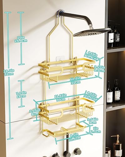 Miniatura 6 de HapiRm Organizador de ducha sobre cabezal de ducha con 2 soportes para jabón, organizador de ducha colgante resistente al óxido y al agua con 12