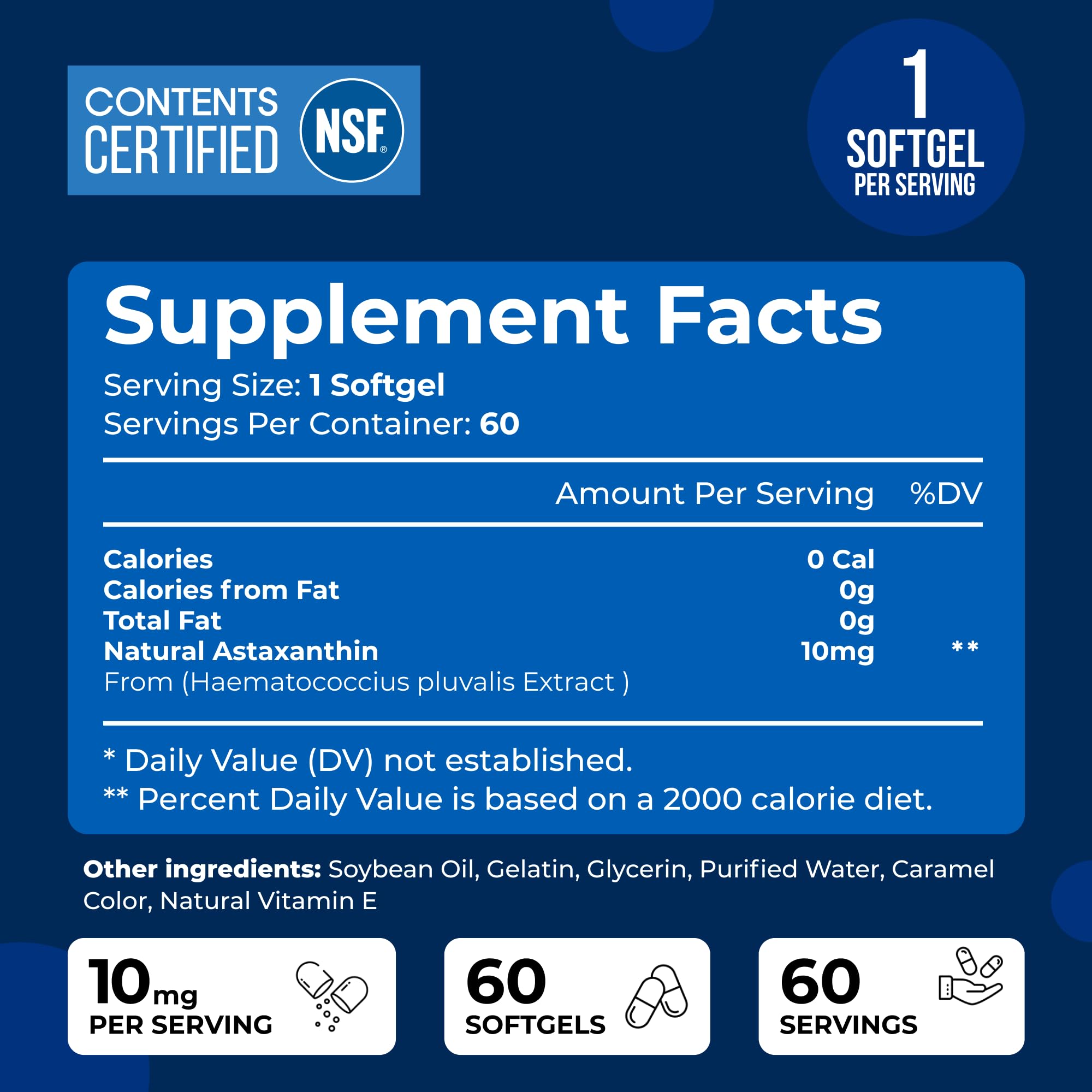 NSF Certified Astaxanthin Supplement - 10mg per Serving - 60 Softgels — Amazon image 3