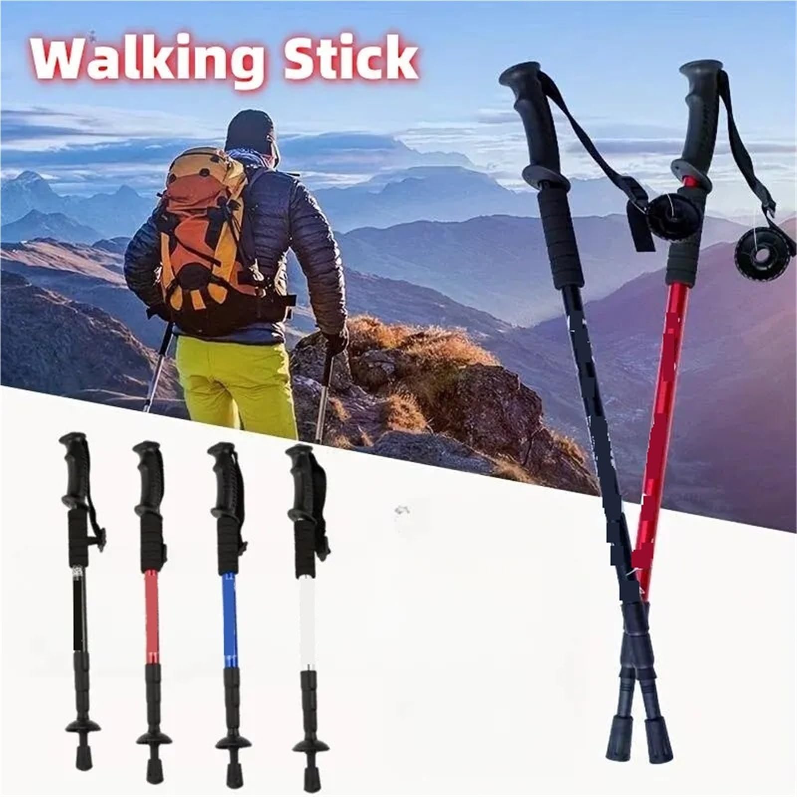 Kij trekkingowy, kije trekkingowe, amortyzacja wstrząsów, składany, lekki kij turystyczny, odpowiedni na kemping, do wspinaczki górskiej, wędrówek z plecakiem i podróży