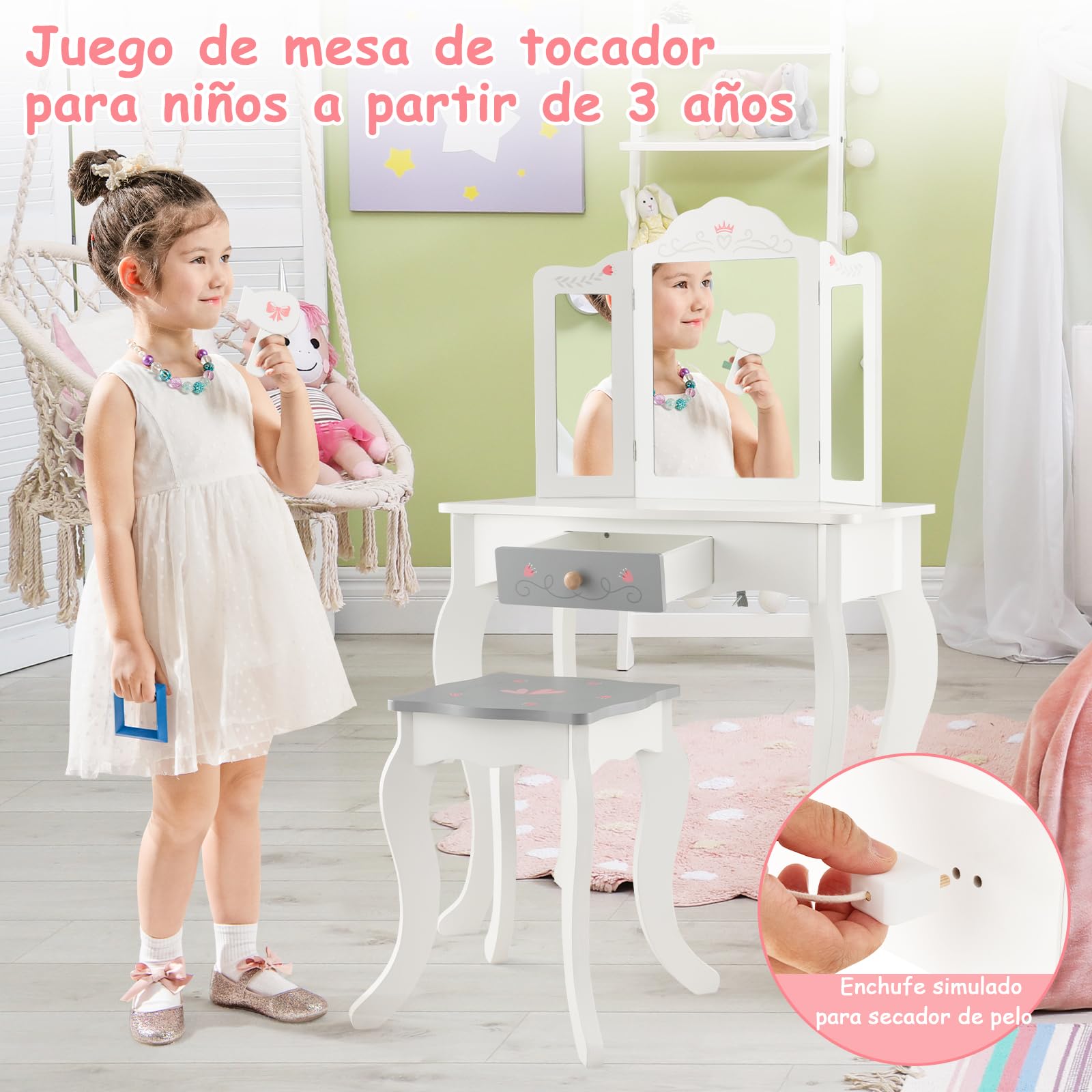GOPLUS Tocador Niña 2 en 1 con 10 Accesorios Maquillajes, Juego de Tocador Infantil Princesa de Madera con Taburete y 3 Espejo Extraíble, para Niños de 3+ Años, 60 x 33 x 98,5 cm, Blanco
