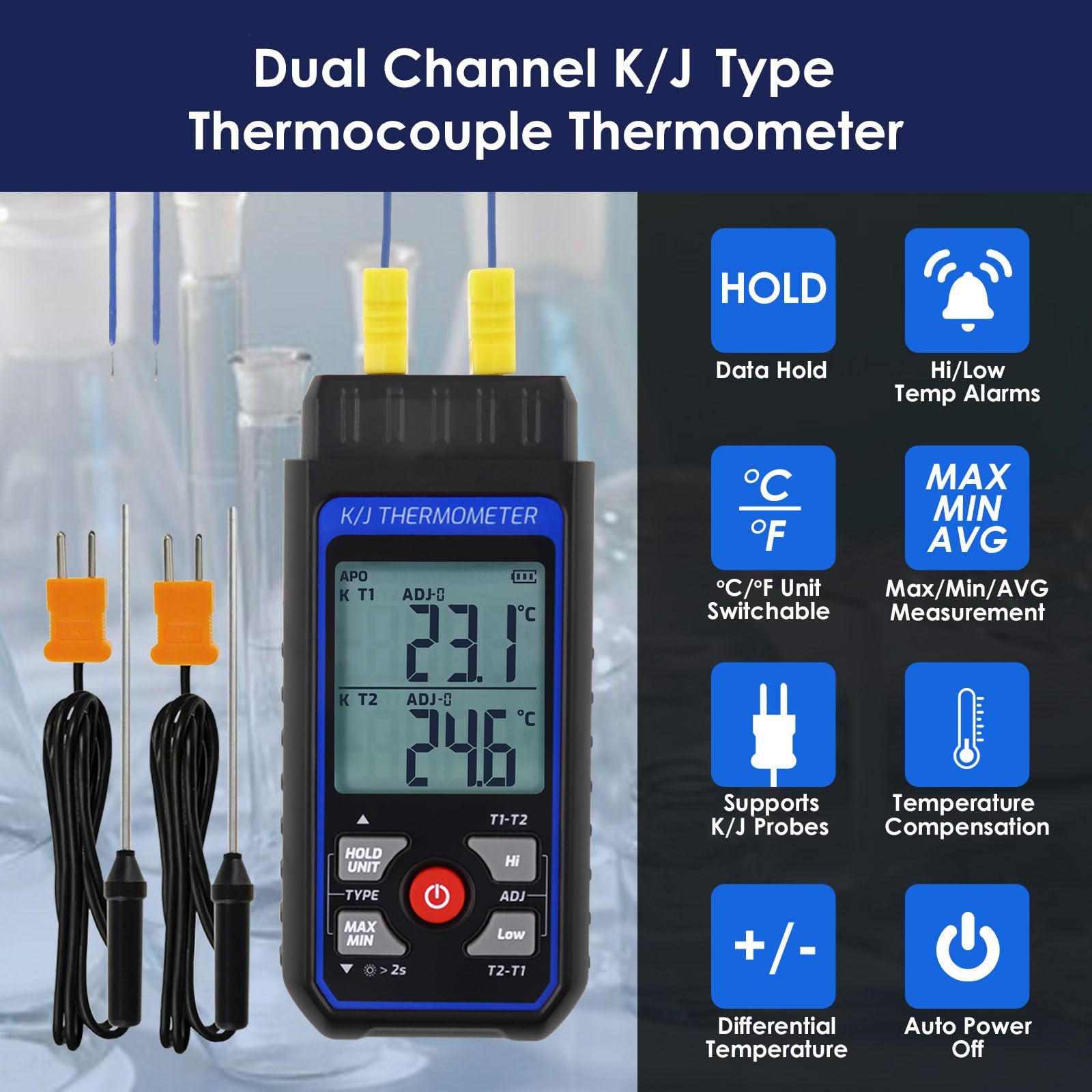 Termometro a termocoppia digitale a doppio canale K/J tipo termometro con 4 termocoppie di tipo K, intervallo di misurazione -328 ~ 2000 ° F Misuratore di temperatura Termometro HVAC con allarme e