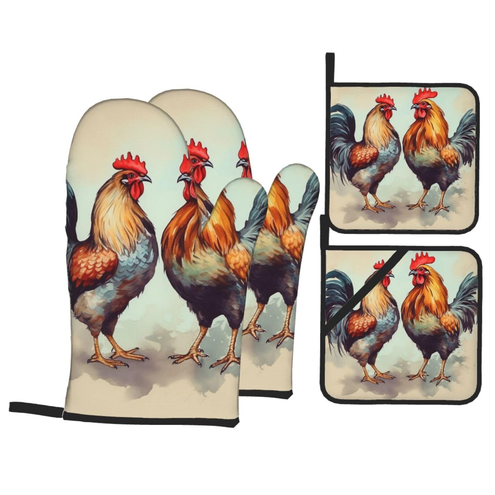 4 Piece Oven Mitts and Pot Holders Set Heat Resistant Oven Gloves and Potholders BBQ Gloves Hot Pads Rooster and Hen Cooking Gloves for Kitchen Baking Grilling