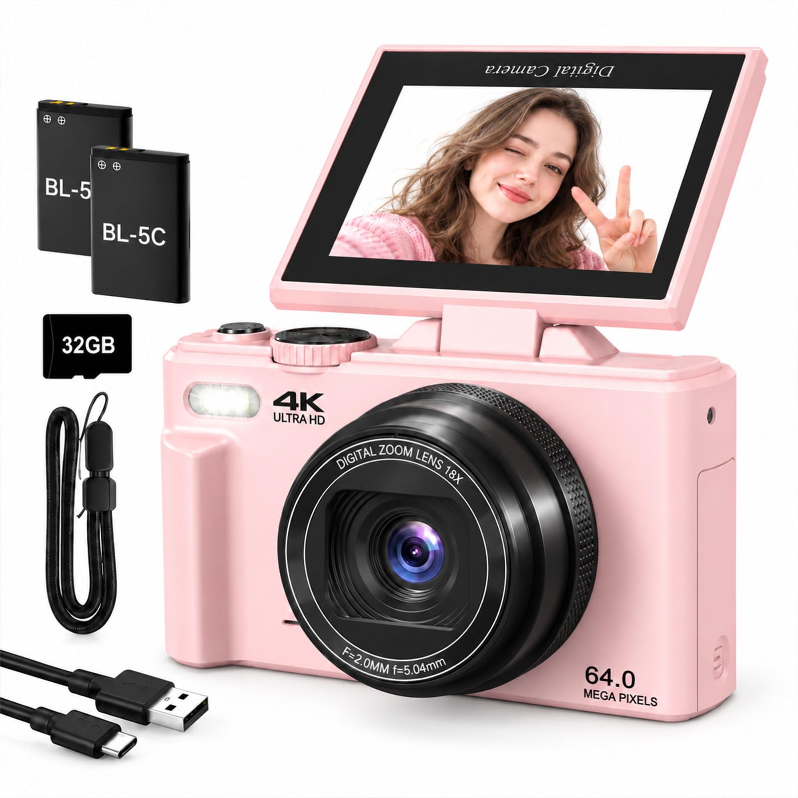 4K Digital Camera for Photography,64MP Vlogging Camera for Beginners,Pink | 3" 180°Flip Screen,18X Digital Zoom,WIFI,Flash,Autofocus,Compact Travel Camera with 32GB TF Card & 2 Batteries