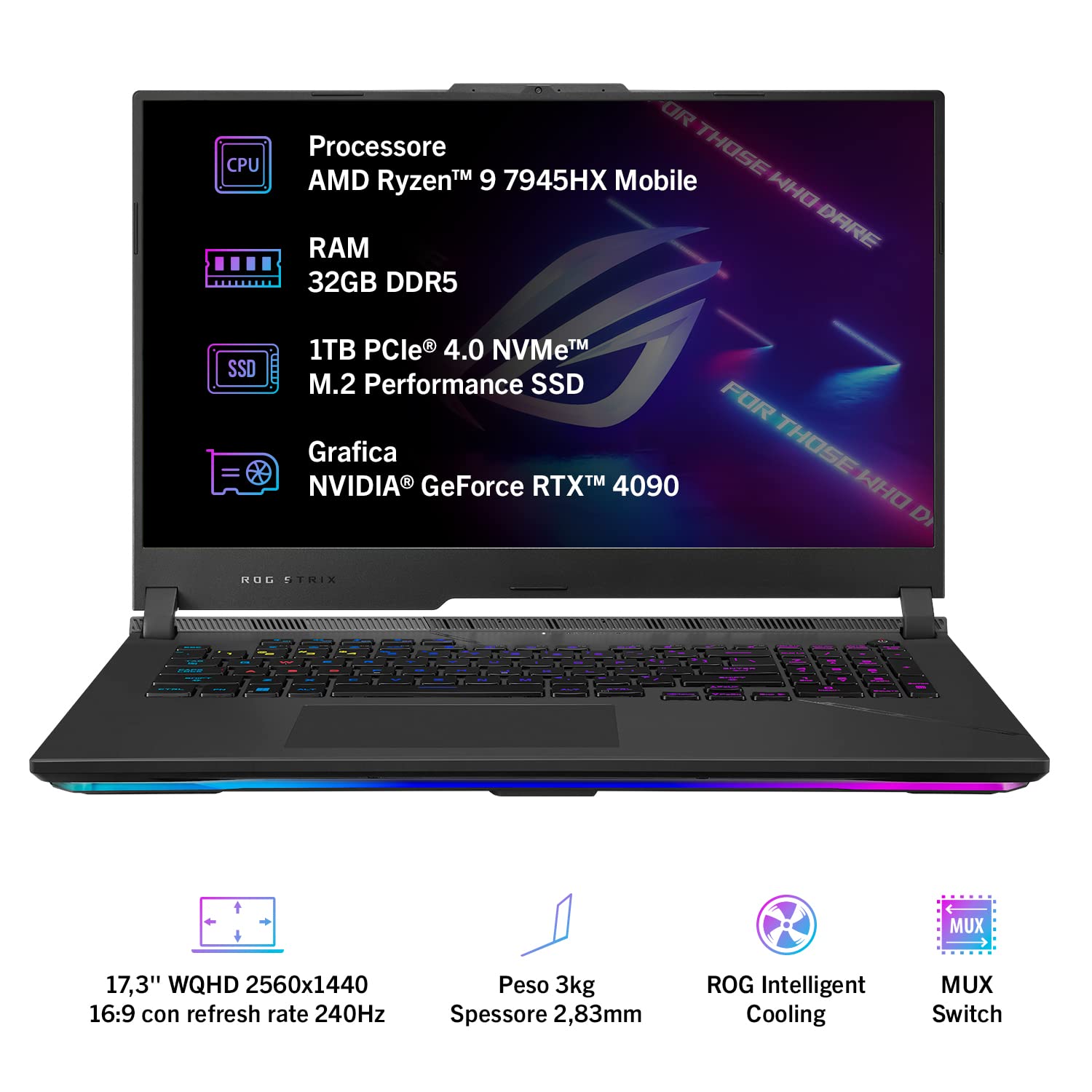 ASUS ROG Strix SCAR 17 G733PY#B0BSLLSNTL, Notebook 17,3" Anti-Glare, 240Hz, AMD Ryzen 9 7945HX, RAM 32GB, 1TB SSD PCIE, NVIDIA GeForce RTX 4090 16GB GDDR6, Windows 11 Home, Nero
