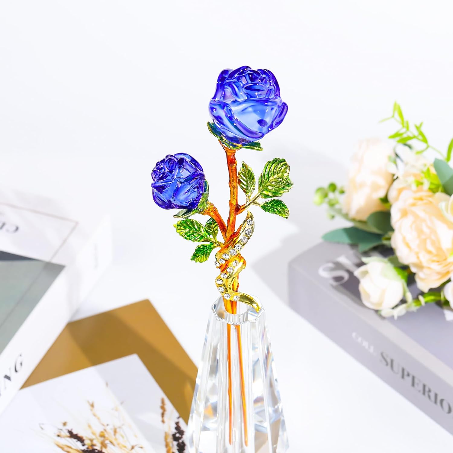YWHL Handmade Crystal Blue Rose Flower Figurine with Vase, Bouquet Glass Flowers Ornament Rose Gifts for Girlfriend Sister Women, Crystal Flower Home Decor for Anniversary Mother's Day Wedding - Image 4