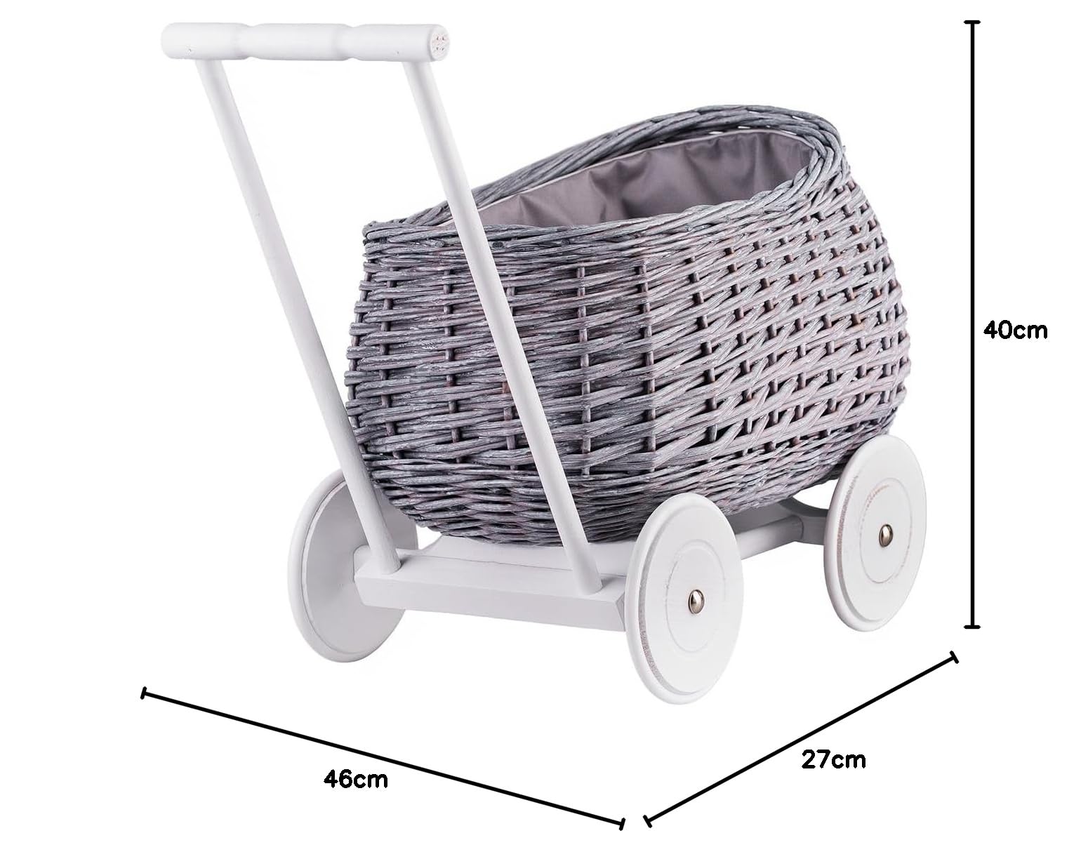 e-wicker24 Wózek dla lalek, taczka do zabawy, idealny pomysł na prezent dla chłopców i dziewczynek, zabawka z plecionego koszyka, wózek do nauki chodzenia