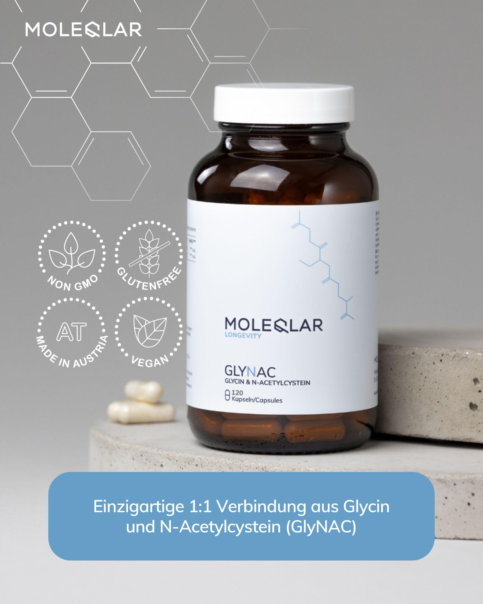 MoleQlar GlyNAC Kapseln 120 Stück - 600mg Glycin & 600mg NAC (N-Acetyl-Cystein) pro Portion - Glutathion Vorläuferkomplex - vegan & glutenfrei - Zertifiziert in DE