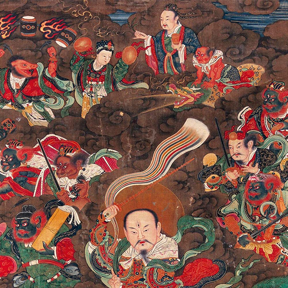 Rollbild, buddhistisches Thangka-Gemälde, Thangka-Brokat, Dojo Tianzun Statue Bild Seidenrolle Zeichnung Schlafzimmer Dekoration Gemälde for Wohnzimmer-milchig (Color : Khaki) ( Color : Gray Green )