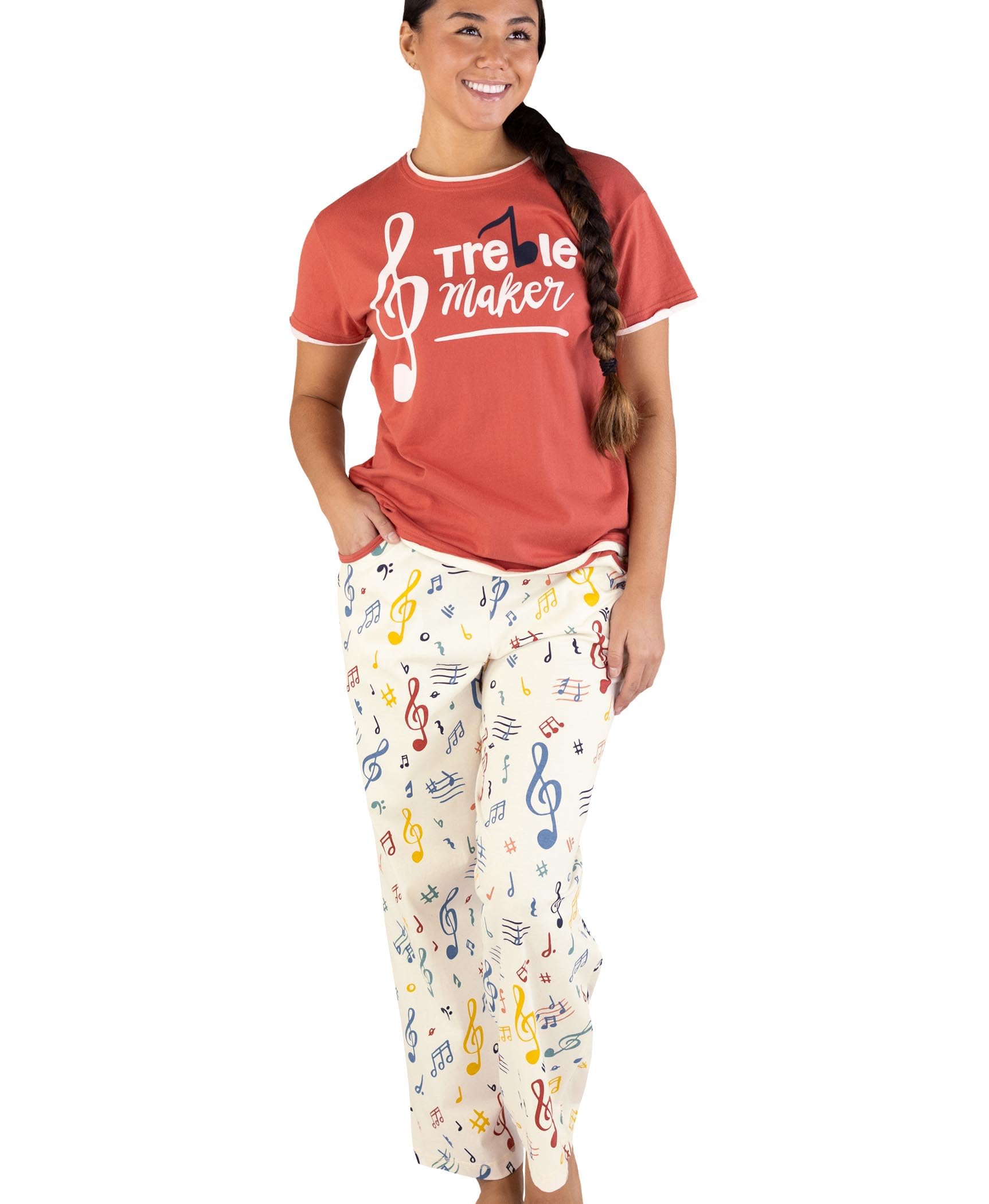 Lazy One Novelty Pajamas Two Piece Set For Women – Funny Coastal Sleepwear with Short Sleeve Top & Lounge Pants with Pockets (Treble Maker, Large)