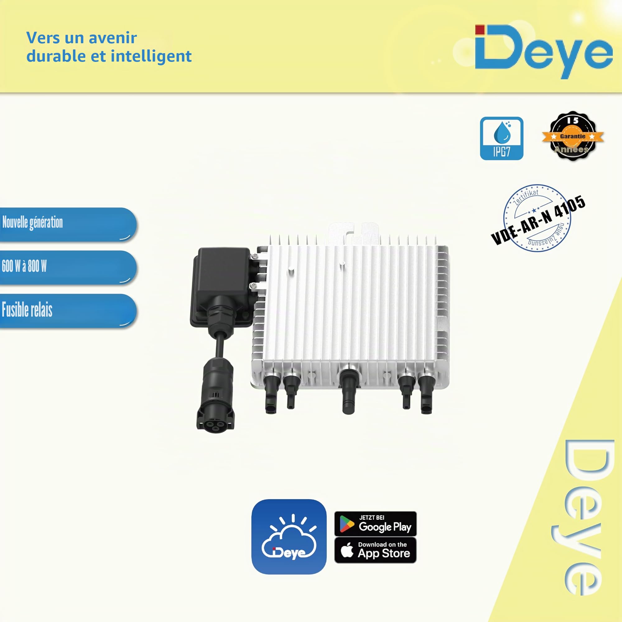 home Trends® Deye SUN-M80G4-EU-Q0 Micro onduleur nouvelle génération 800 W Ralais externe Solar PV avec câble Schuko de 5 m