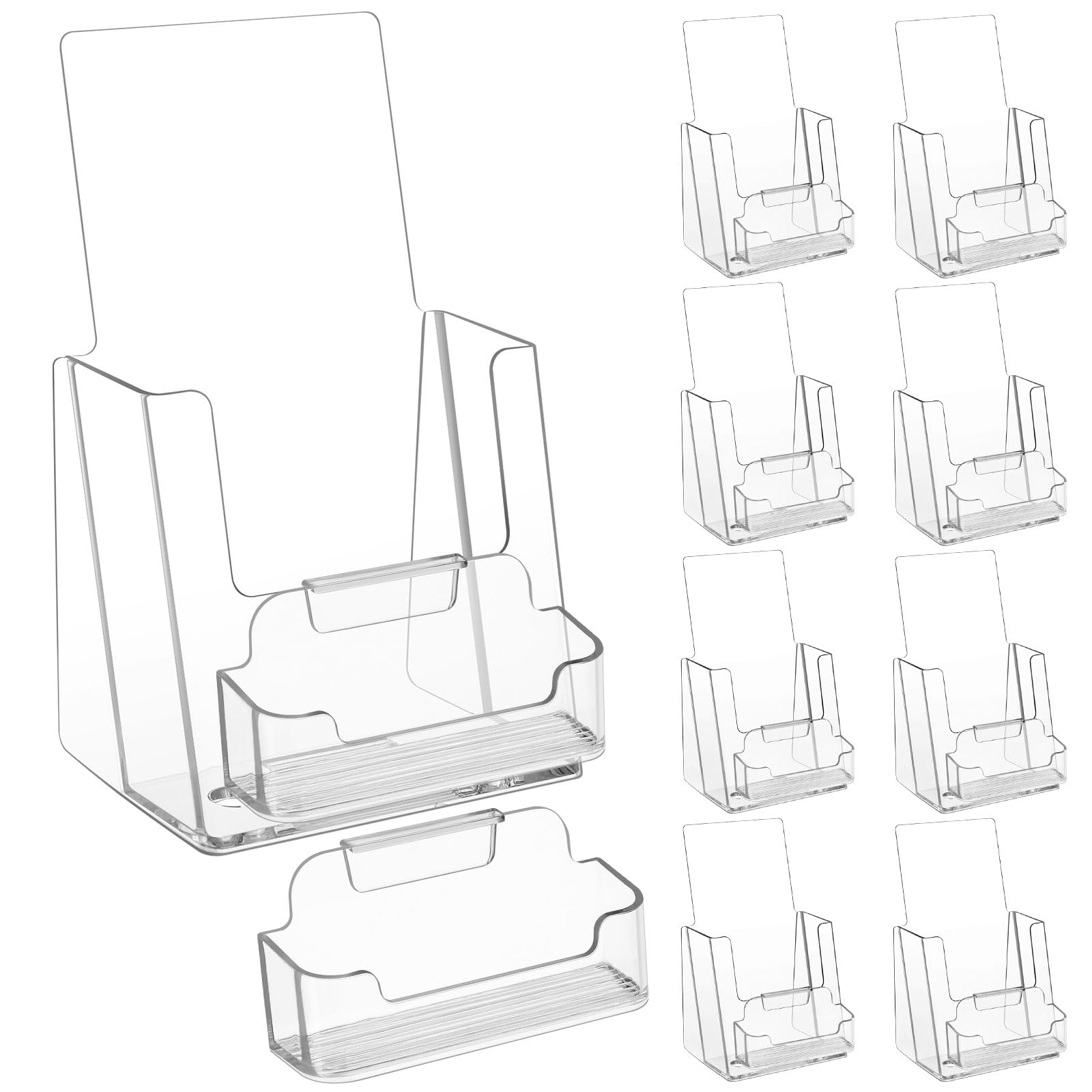 8 juegos de soportes acrílicos para folletos de 4 x 9 pulgadas, soporte de exhibición de folletos, soporte de plástico para folletos con soporte para tarjetas de visita para revistas,