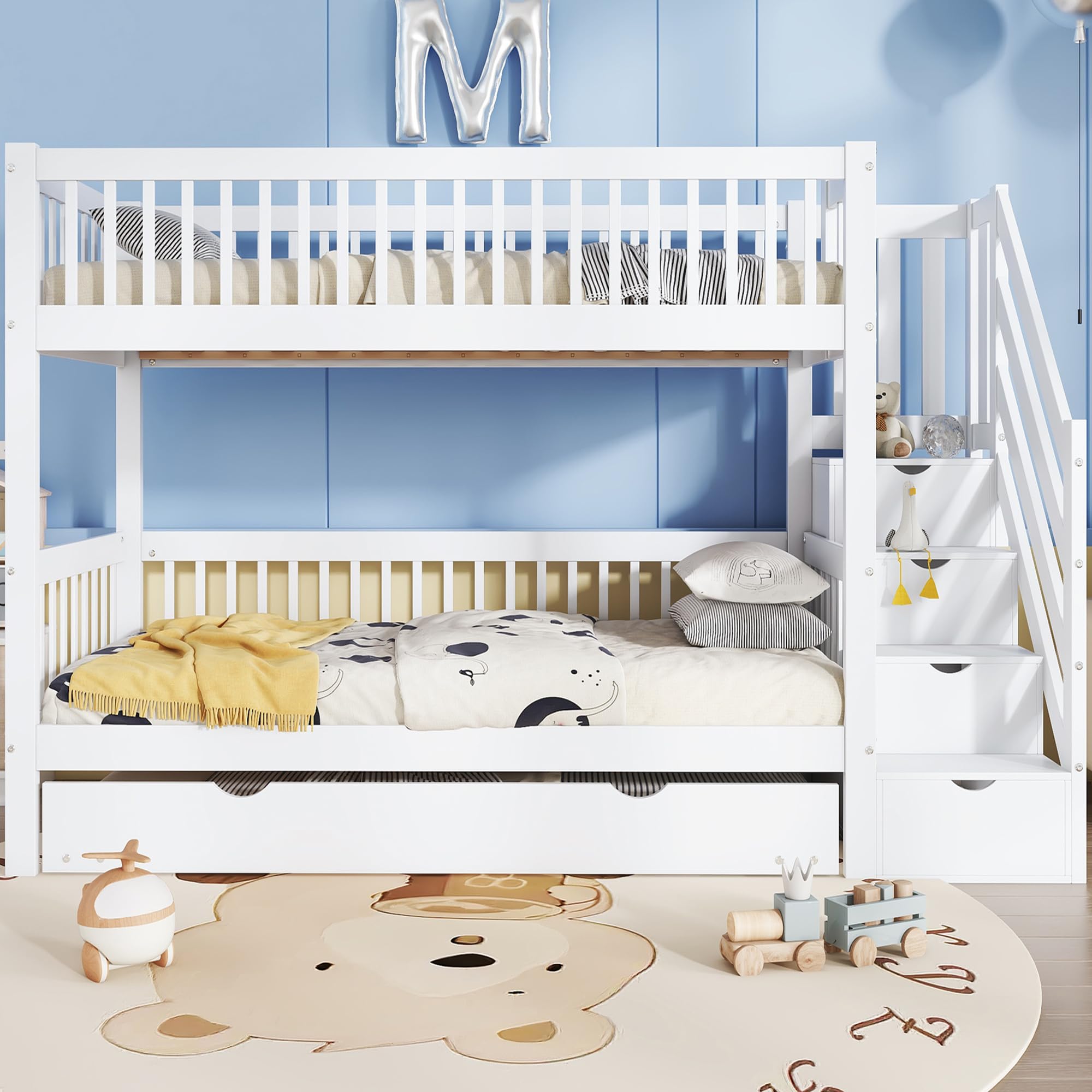 Rtopsu Letto per Bambini a Castello 90x200 cm con LettoEstraibile e Contenitore, Letto a Soppalco con Scala per 2-3 Ragazzi, Rete a Doghe in Legno, Bianco, Senza Materasso