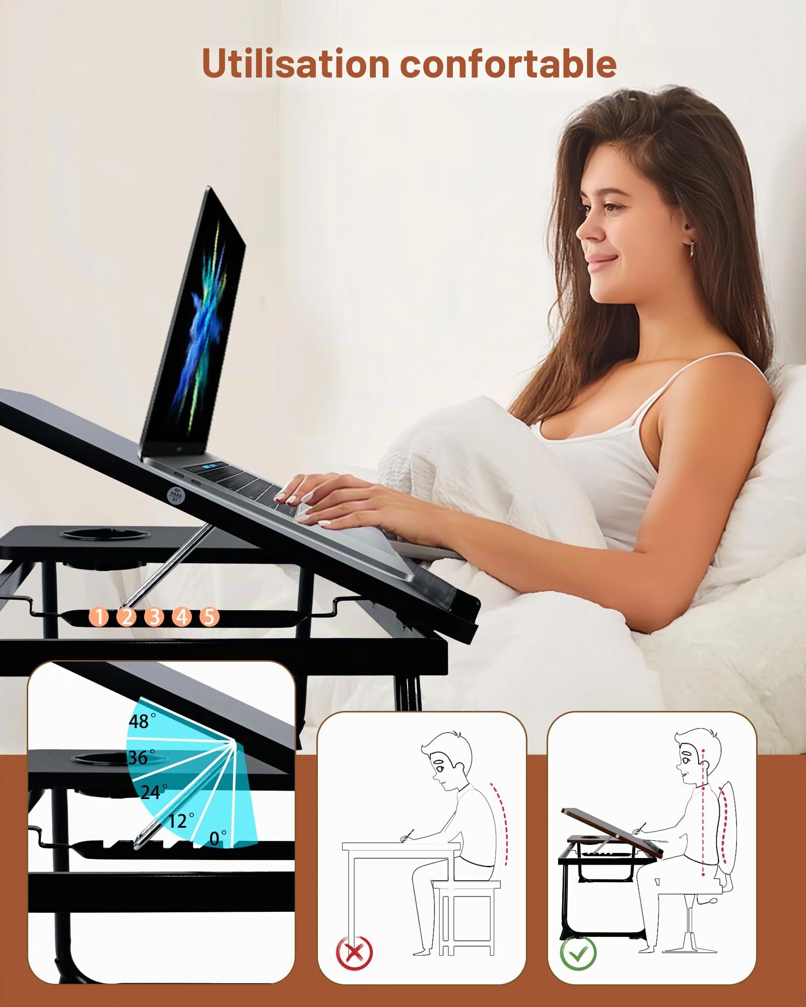 Plateau de Lit Pliable 55.5x32x25cm - Table de Lit avec Support Ordinateur Portable, Support Livre et Porte-Gobelet, 5 Positions Inclinaison jusqu'à 20kg (Noir)
