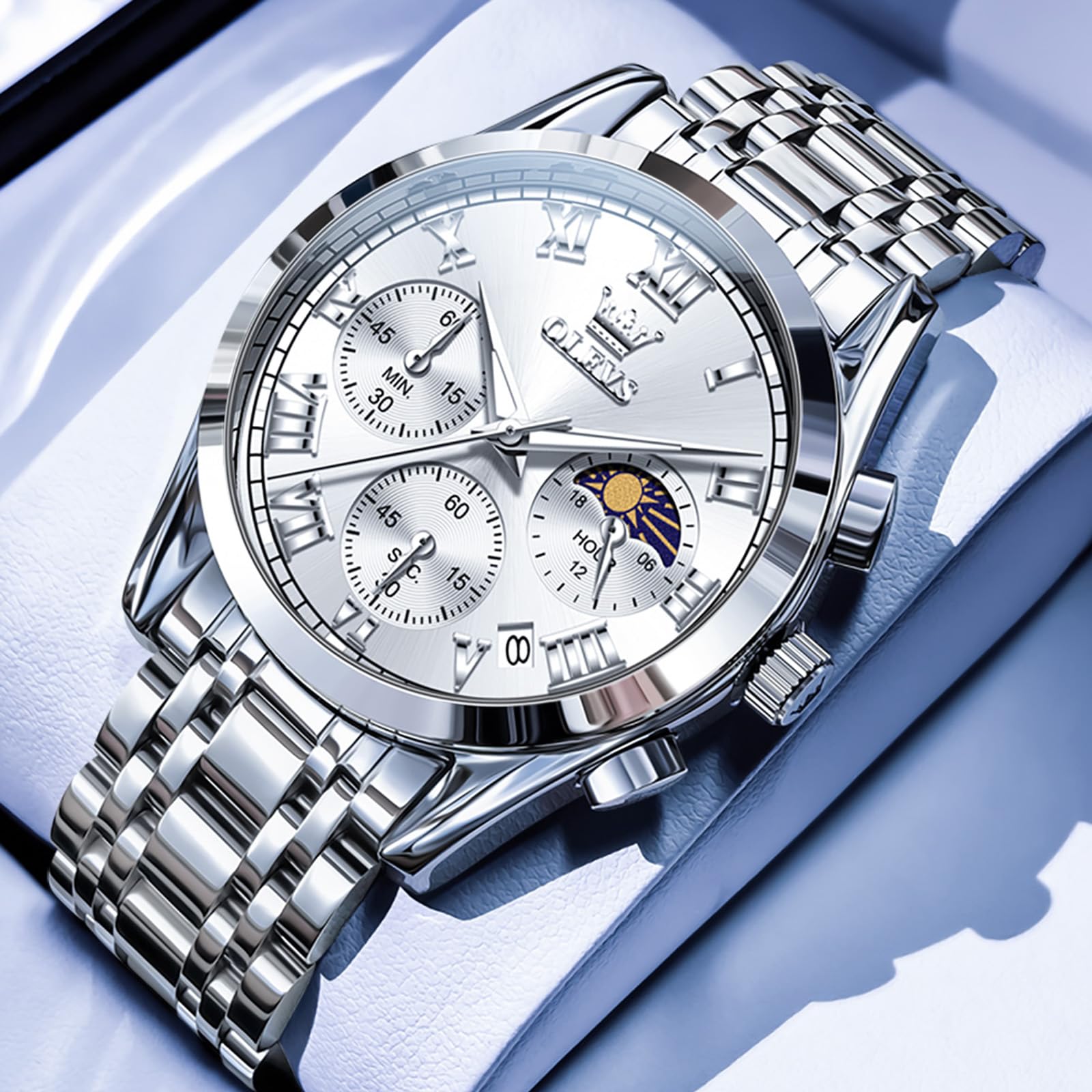 OLEVS Montre pour homme avec bracelet en acier inoxydable, phase lunaire et | Montre pour homme de 40 mm avec mouvement à quartz, aiguilles lumineuses, verre résistant aux rayures