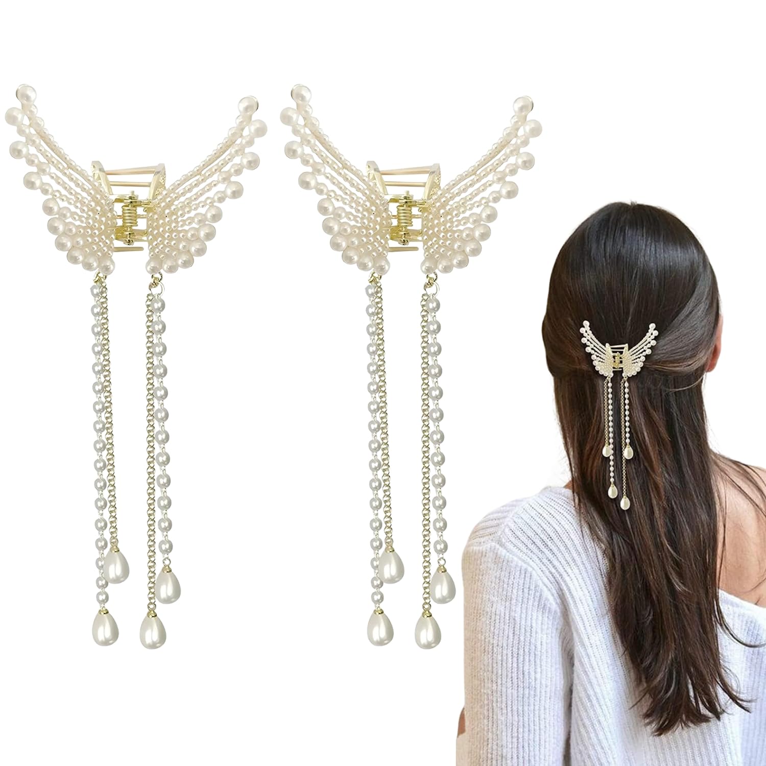 ANNACREATIONS 2 Pcs Korean Style Gold Metal Pearl Geometric Stone Lock Hair Pins Hair Clip Hair Accessories Jewellery for Women and Girls (White & Gold)