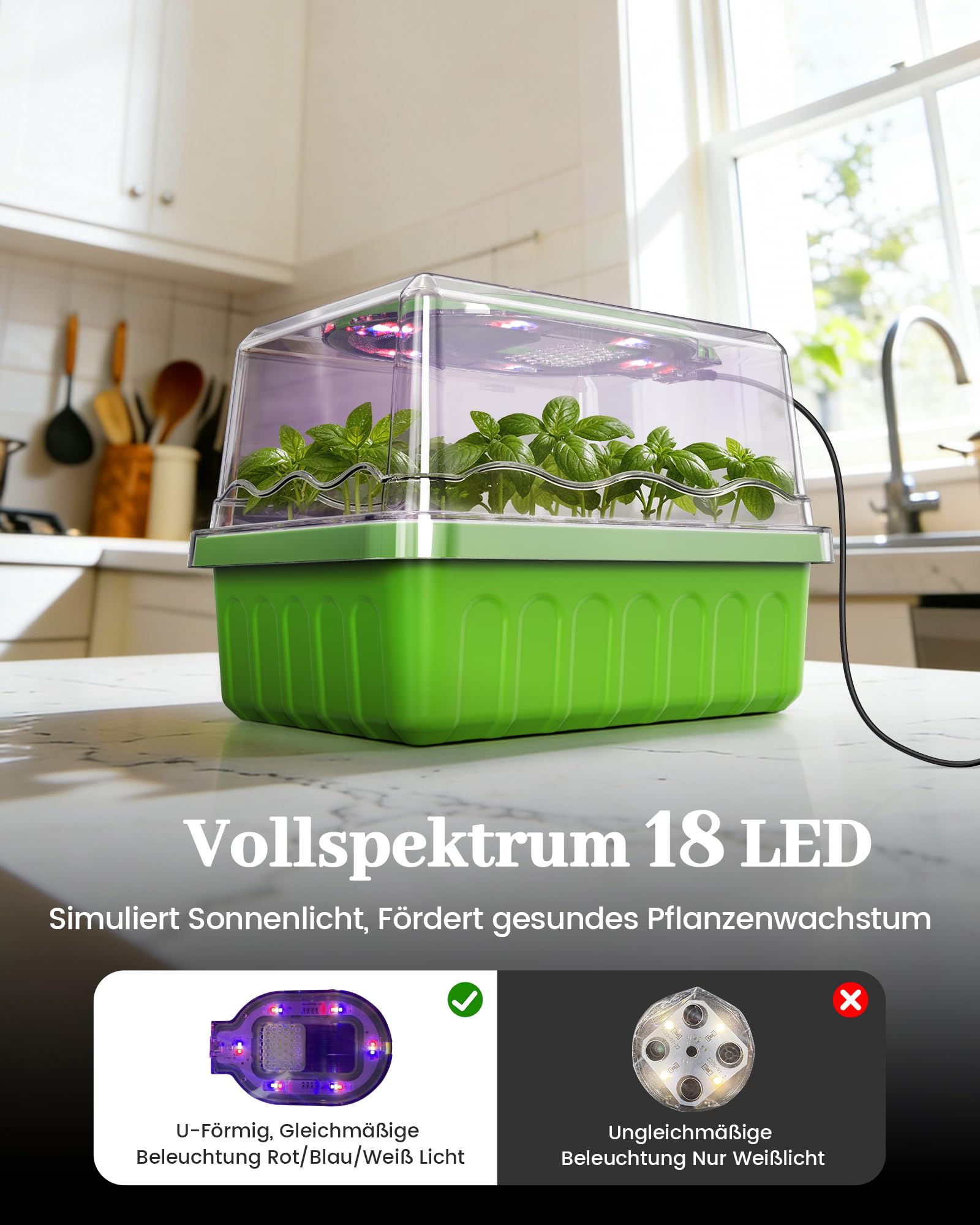 RAINPOINT Anzuchtkasten mit Pflanzenlampe, Wiederverwendbare Mini Zimmergewächshaus, Vollem Lichtspektrum, Flexible Silikon Anzuchtschalen, 2 X 12 Zellen Anzuchtset mit Deckel und Belüftung, 2 Stück