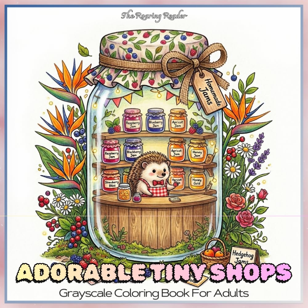 Adorable Tiny Shops Grayscale Coloring Book For Adults: Featuring 52 Cozy Miniature Animal Shops Hidden Inside Magical Objects, Blooming Floral ... (Whimsical world inside small things.)