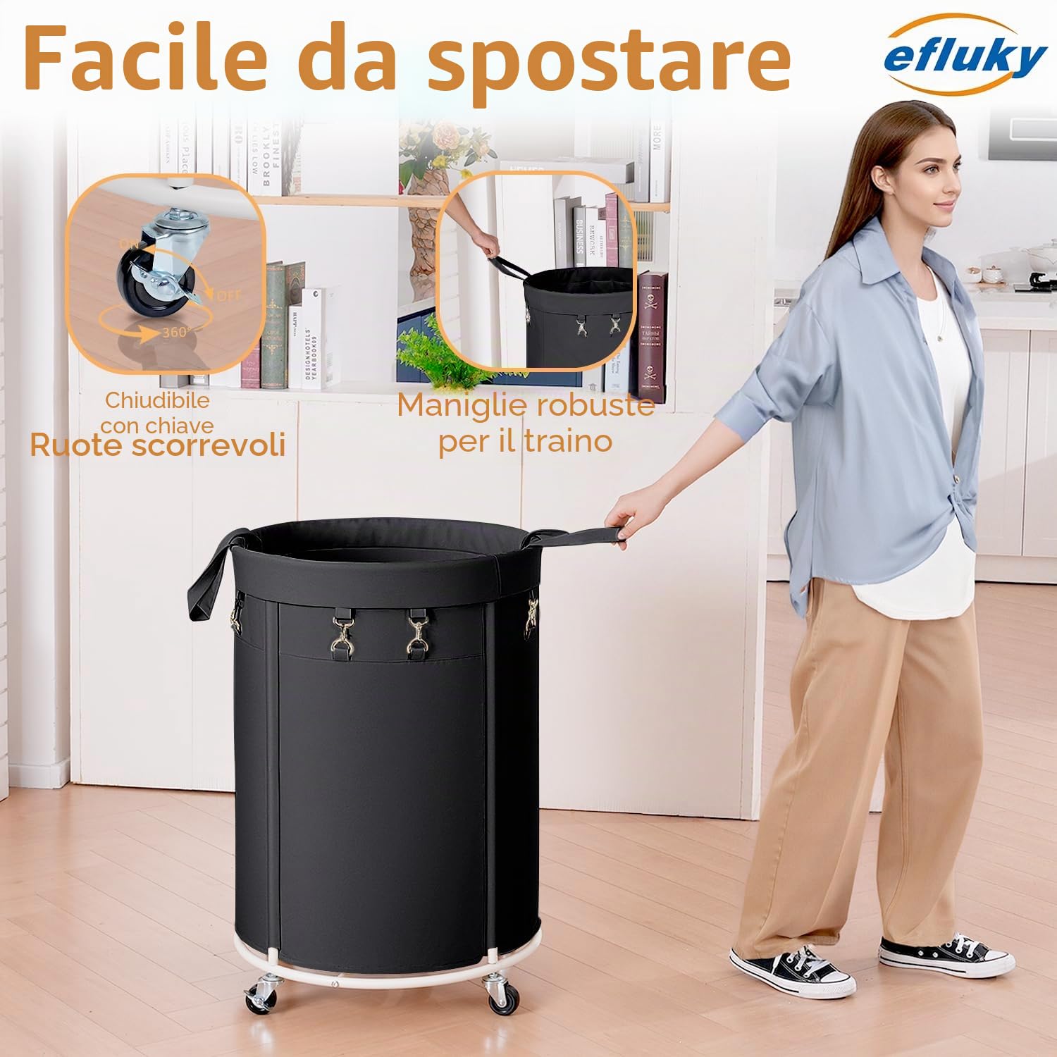 150L Grande Cesto Biancheria Sporca con Ruote, Cesto Portabiancheria per Telaio Metallico e Borsa Oxford Impermeabile Cesta Panni Sporchi per Camera da Letto, Bagno, Lavanderia, Nero