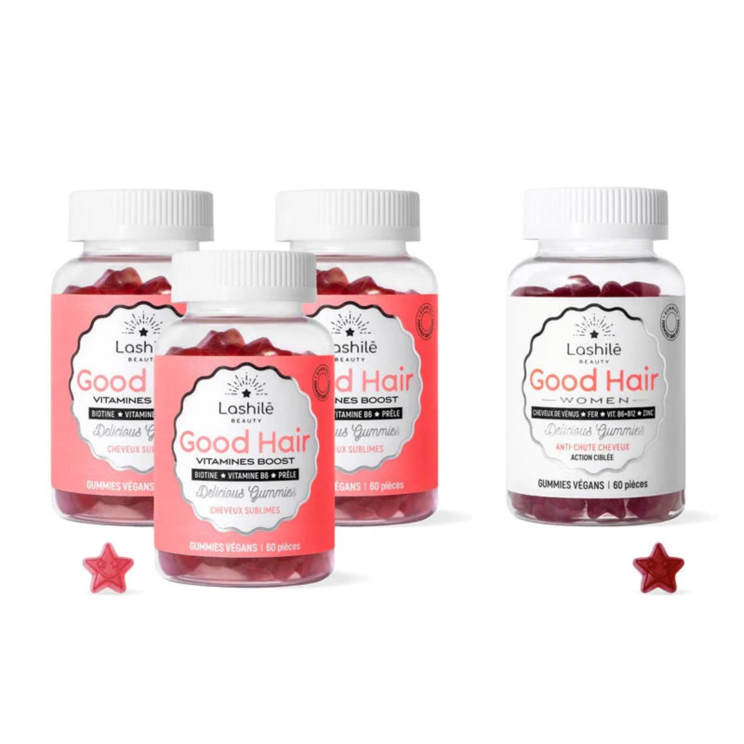 Lashilé Beauty - Complément Alimentaire - Anti-chute, croissance et fortification cheveux - Coffret Exclusive 3 Good Hair + 1 Good Hair Women - Biotine, Fer, Zinc, MSM, B12 - Cure 3 Mois -240 Gummies